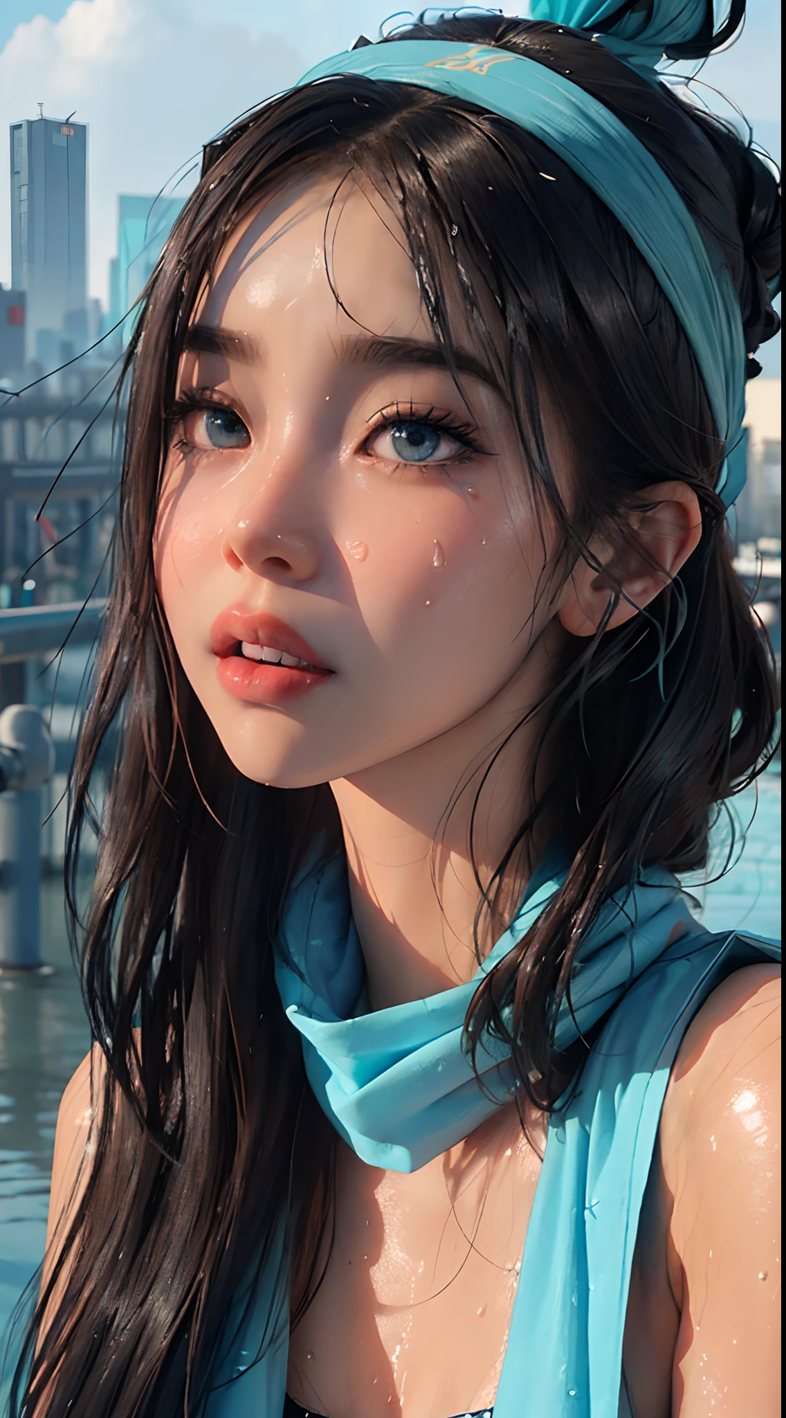 There's a little girl with a headscarf, Estilo realista de anime 3D, Adorable pintura digital, Render de una linda chica de anime 3D, Retrato realista kawaii, Render fotorrealista de Anime Girl, Anime estilo 3D, Anime 3D realista, Anime style. 8k, Retrato de linda chica de anime, Lindo arte digital, linda chica de anime, Anime CG arte suave,, More detailed 8K.motor irreal:1.4,UHD,La mejor calidad:1.4, fotorrealista:1.4, textura de la piel:1.4, obra maestra:1.8,obra-prima, mejor calidad,objeto Objeto], (detailed face features:1.3),(fondo noche ciudad Tokio cyberpunkAI:1.4),(fondo azul agua:1.4) ,(lluvia cayendo gotas agua:1.4),(cabello azul largo:1.4),( agua cristalina:1.4)
