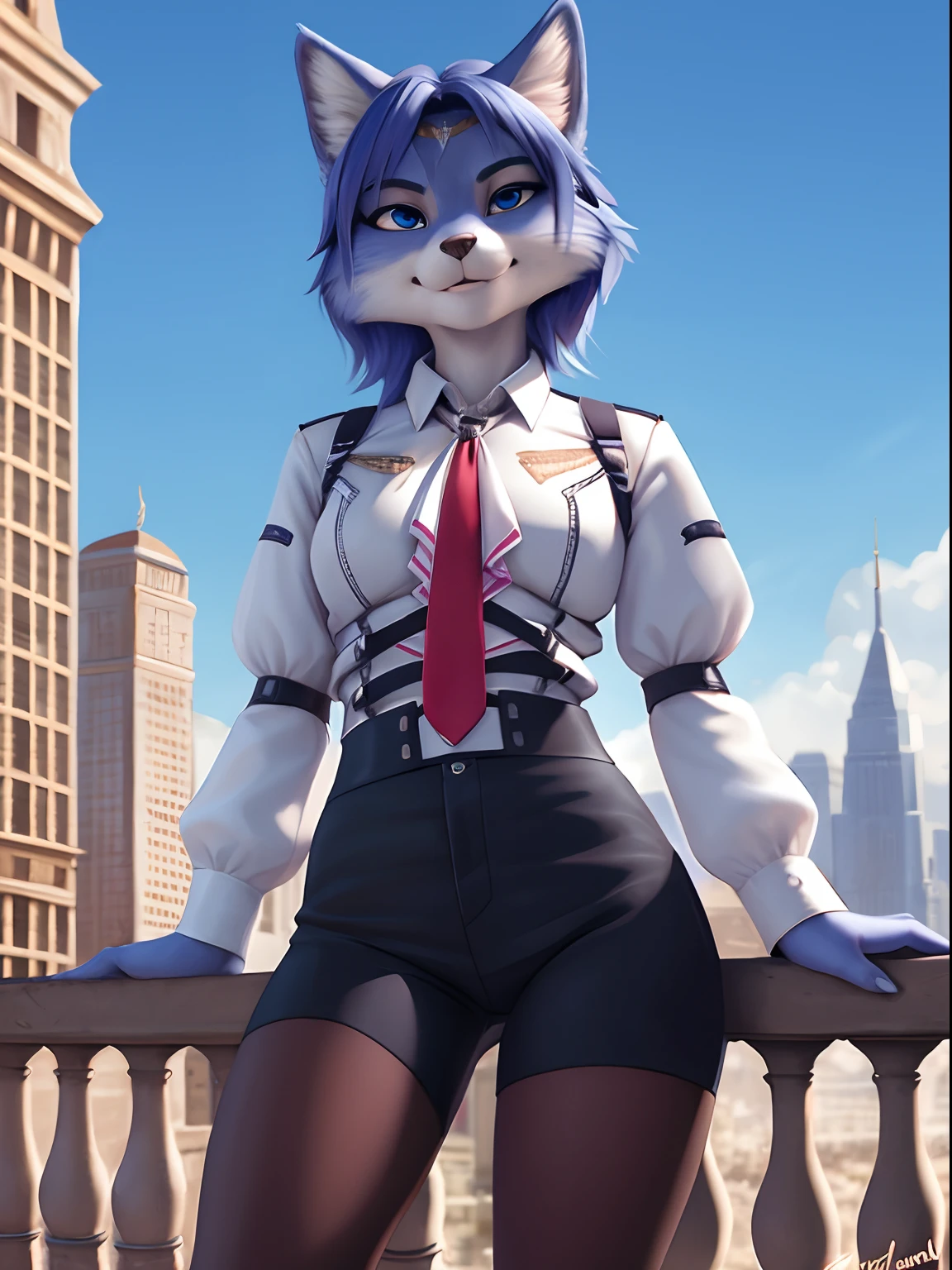 By iskra, by wolfy-nail, by Personalami, Krystal, Star Fox, female, (detailed), view of the viewer, fluffy , solo, 1 girl, high resolution, photorealistic, candid, ((clear structural details)), detailed realism, slim, soft, 4k, excellent quality, high details, (seductive), detailed fur, in the city, white shirt, pantyhose, thigh strap