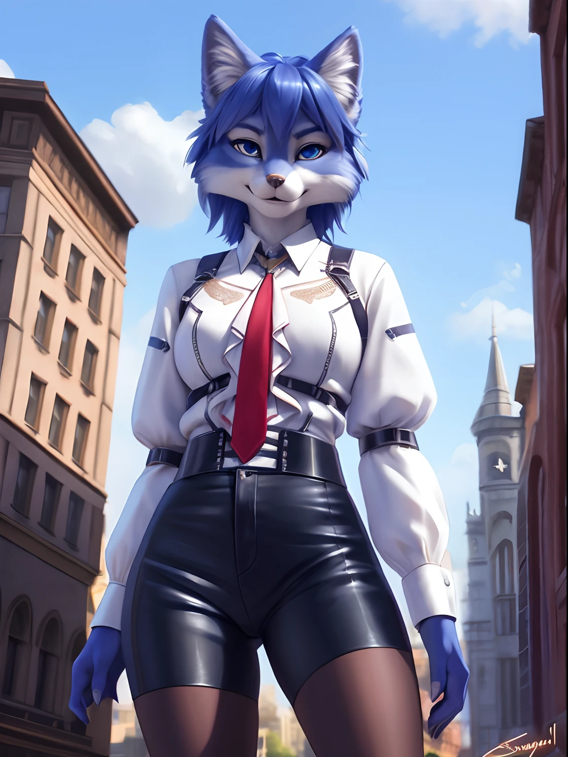 By iskra, by wolfy-nail, by Personalami, Krystal, Star Fox, female, (detailed), view of the viewer, fluffy , solo, 1 girl, high resolution, photorealistic, candid, ((clear structural details)), detailed realism, slim, soft, 4k, excellent quality, high details, (seductive), detailed fur, in the city, white shirt, pantyhose, thigh strap