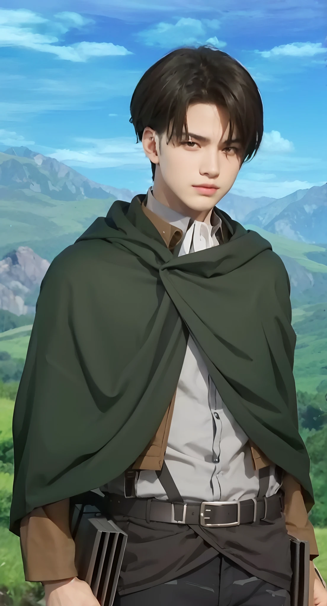 Real life adaption of this character , teen handsome face, realistic same hair, realistic same outfit, hyper realistic, realistic same background, realistic light, realistic shadow, realism, (photorealistic:1.2)