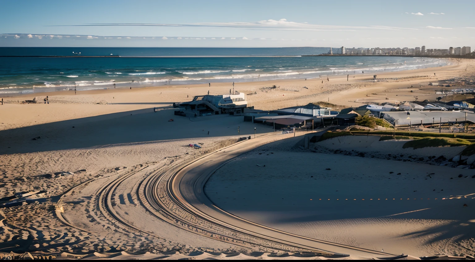 a hyper realistic photography of the St Kilda Beach in Melbourne, Australia, no people, Nikon D850 DSLR 4k camera, 100mm lens, F 1.2 aperture setting, bright and natural lighting, vibrant, fun and relaxing atmosphere