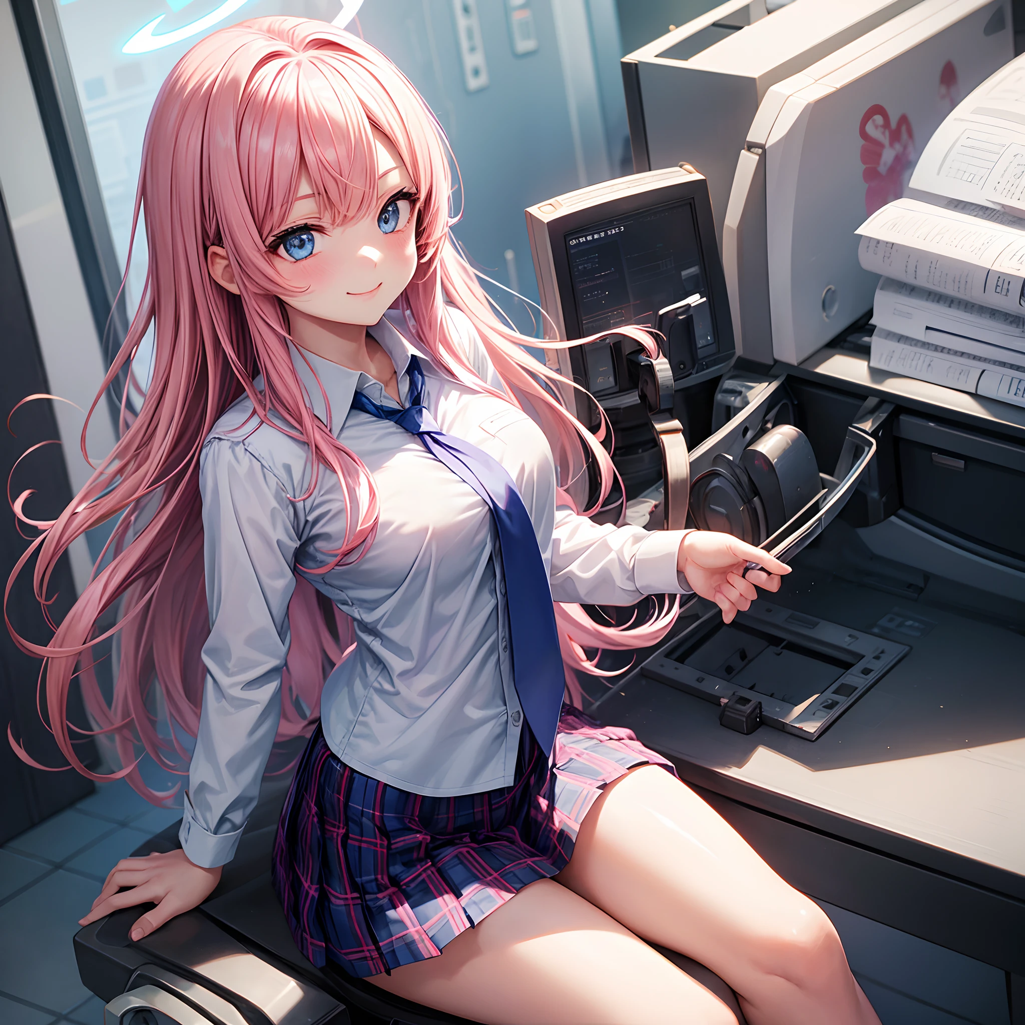 1girl in, Hoshino (Blue Archive), Solo, Heterochromia, Pink hair, Skirt, Long hair, neck tie, Ahoge, Shirt, Halo, plaid skirts, a beauty girl,Blue eyes, Plaid, Looking at Viewer, White shirt, Sitting, Orange Eyes, Chest Harness, Harnes, Long sleeves, ID Card,, Very long hair, Collared shirt, Smile, blue necktie, Bangs, foot out of frame, between legs, hand between legs, blush, hair between eye, hight resolution,masutepiece, Best Quality
