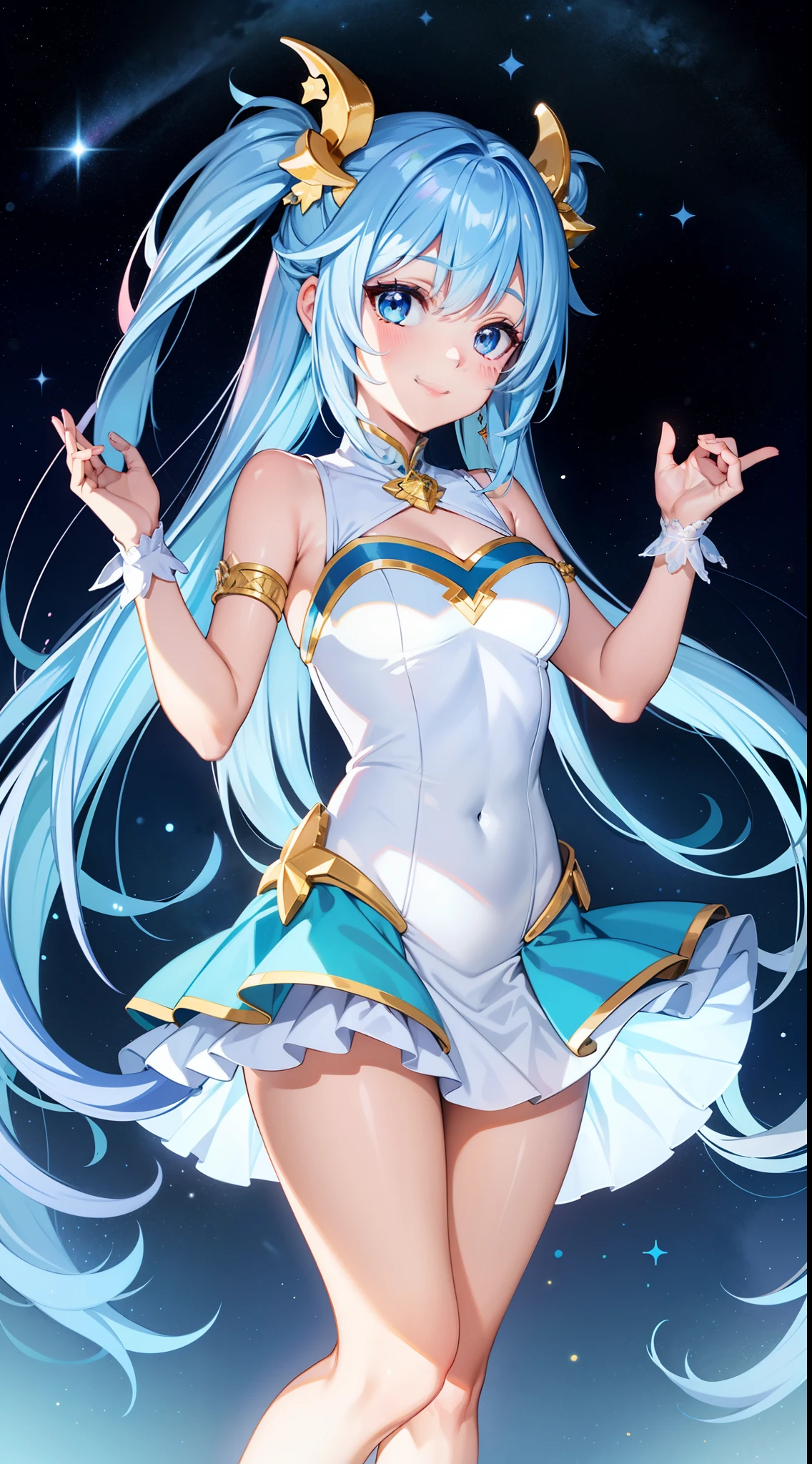 Super Idol a beauty girl A charming smile sky blue hair length hair Facing straight ahead Twin-tailed Glittering white and pink and yellow and blue leotard costume Mystical Fantasia constellation a moon Crystal Brilliance Aurora Borealis in the Night Sky