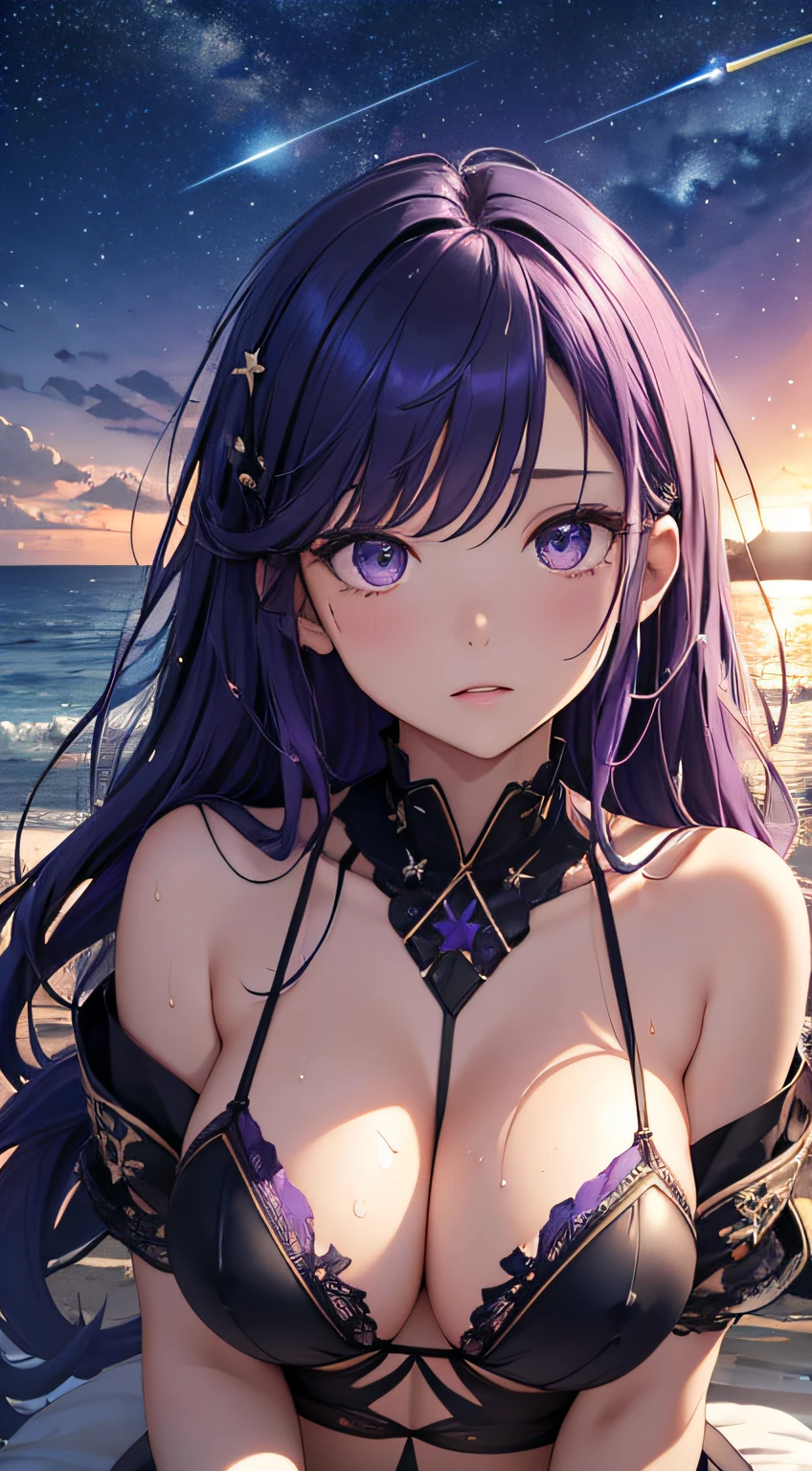 ​masterpiece、Massive landscape（（natta、Mysterious starry sky、Meteor swarm、sea side））、purple color  hair、a beauty girl、huge tit、Delicate embroidery on a transparent black bikini、Farbe々Pose、Wet hair、Body is wet、perspiring、lying back、Looking up、Hair is tied up