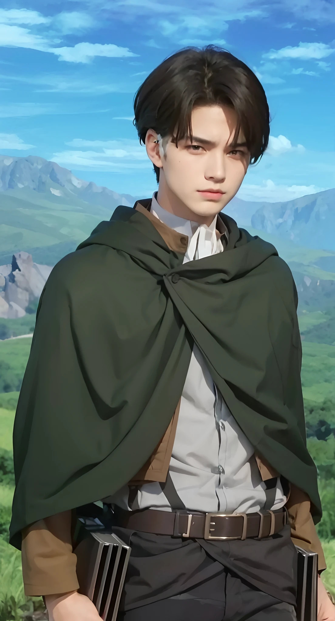 Real life adaption of this character , teen handsome face, ((realistic same hairstyle)), realistic same outfit, hyper realistic, realistic same background, realistic light, realistic shadow, realism, (photorealistic:1.2), villain expression