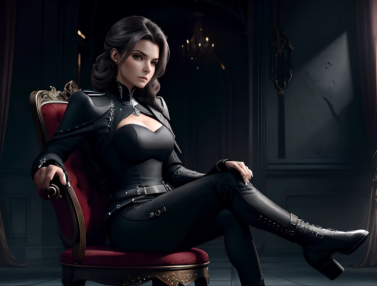 Une vieille femme en uniforme imperial noir. cheveux gris, Stern look. Assise sur un trone somptueux