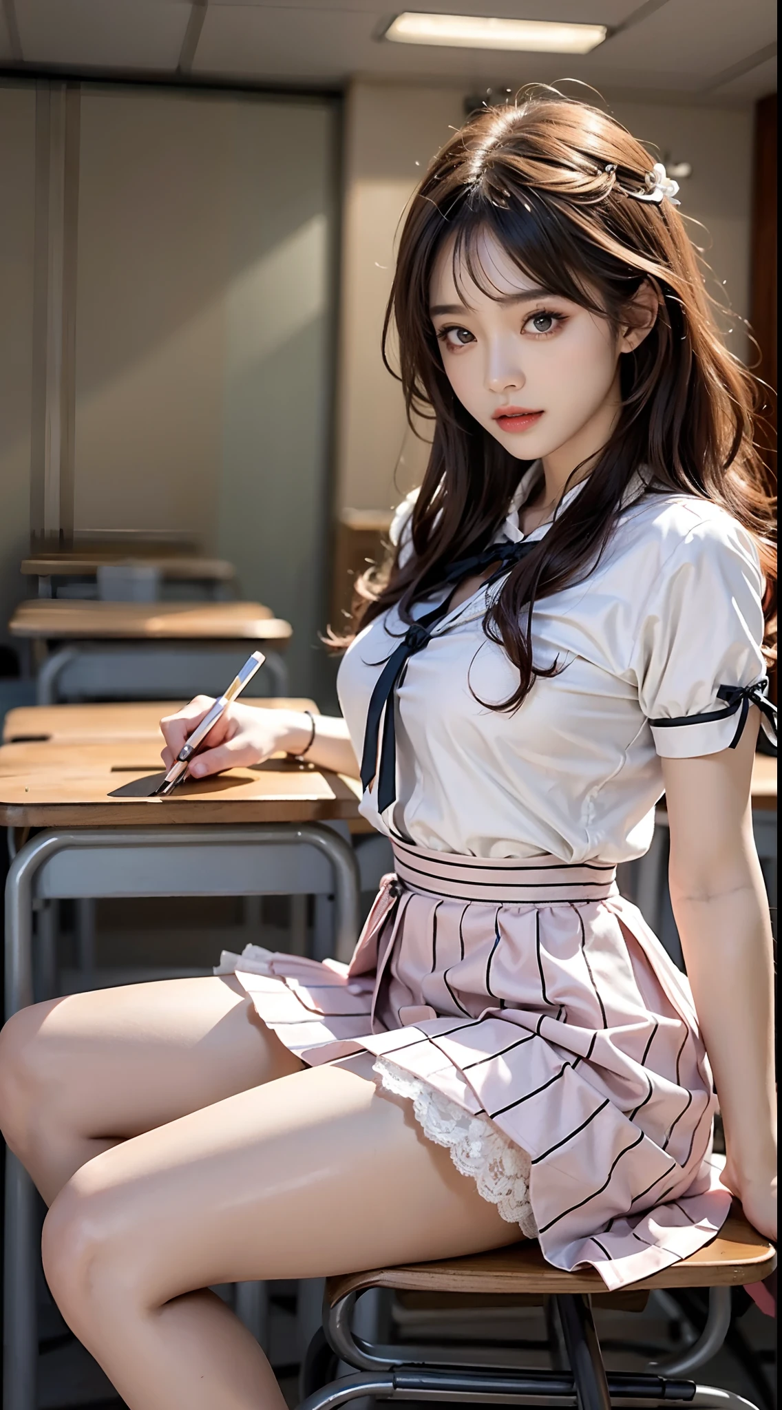 ((knee shot)), Shot from a random perspective, 20-year-old Asian model, slim, Slimming the waist, Heavy makeup, Gorgeous makeup, delicated face, cabellos largos dorados, curlies, Pink lace shirt, White pleated skirt, slender leg, Cross ed leg, In the classroom, sitting on the classroom desk, warm lights, a warm color palette, Dynamic pose, posing elegantly, tmasterpiece