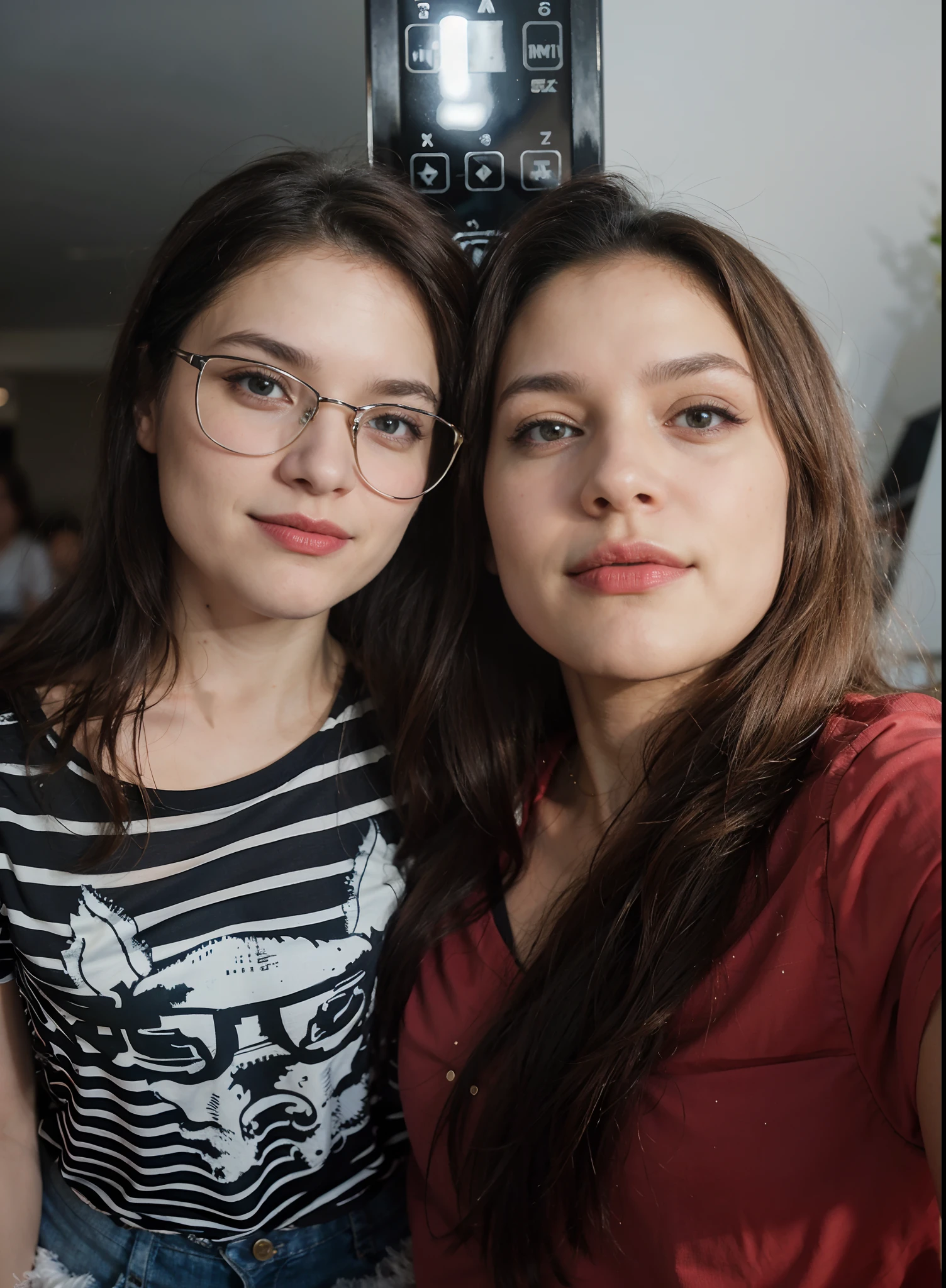 Duas mulheres posam para fotografia em frente a micro-ondas, imagem de perfil, both have red lips, Foto realista, imagem de qualidade muito baixa, fotografia de perfil, Ayahausca, Directed by: Nandor Soldier, fotografia, fotografia do perfil, Foto POV, imagem do avatar, Magali Villeneuve e Monet, muito definido