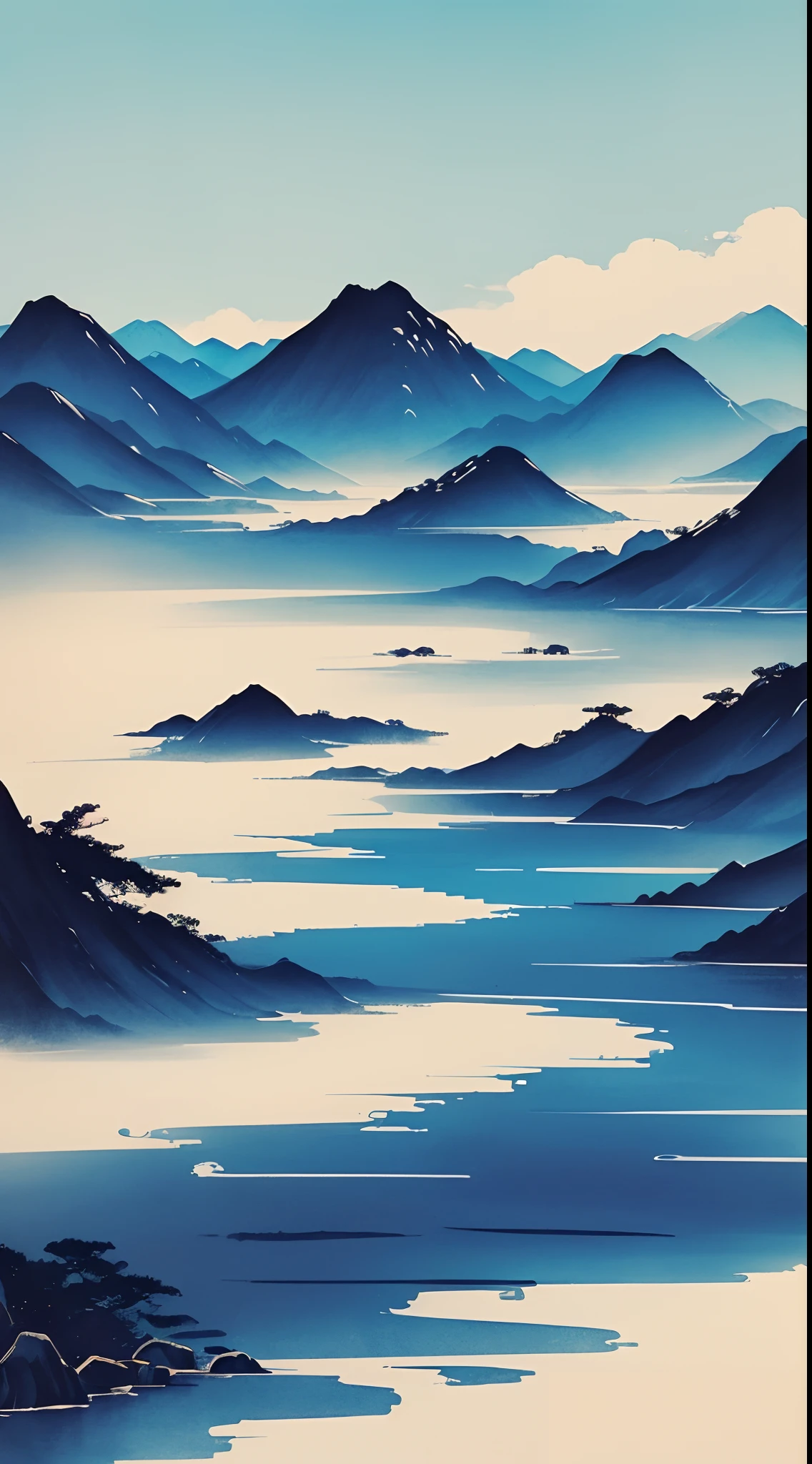 Sun terms in Traditional Chinese,(((Lin Hsiaohua))),national style,Ink style,Single-color indigo background,thirsty,Landscape View,Ink style,Single-color background, (indigo theme color:1.2), (hex color #4B0082)