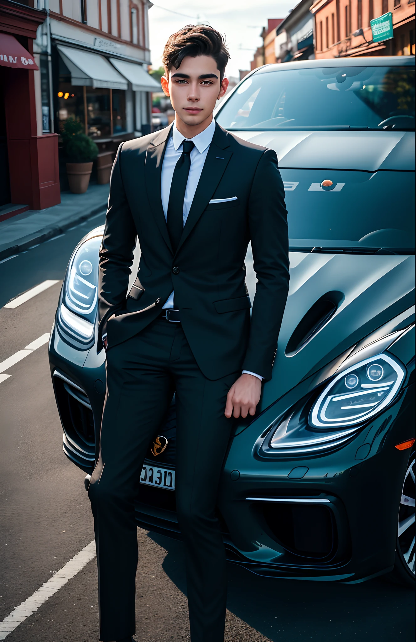 A young man， 24years old, in a black suit, smart, in front of a coffee shop of the small old town, next to a car, open the car door, black car, Porsche panamera 4, high resolution, 4K