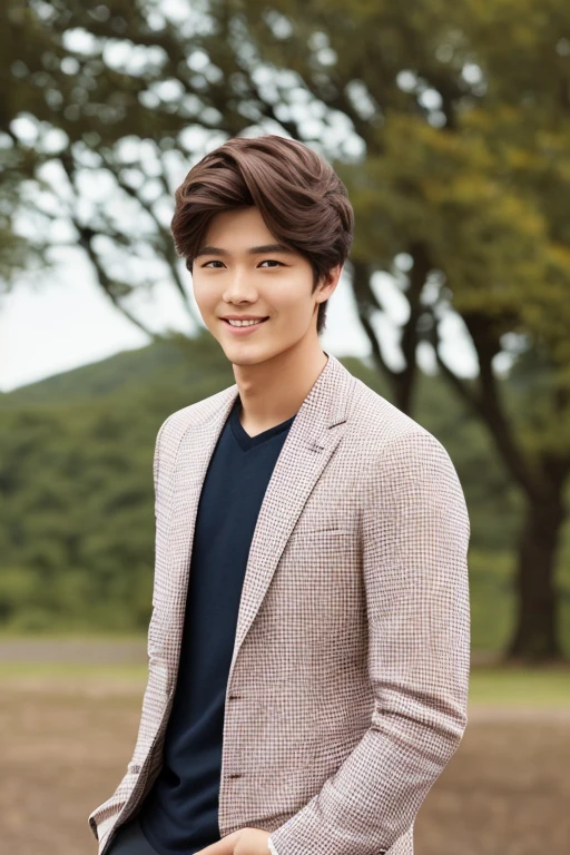 A 25-year-old who resembles Johnny Depp々Good-looking man、Feeling like a model、Chic and casual clothing、Delicate face、a handsome、Hair is brown、Brown eyes、Daytime on a sunny day、Cool standing figure、The scenery in the background is a cityscape、Live-action shooting style、High Definition 8K、Bright smile、Looks like a model、