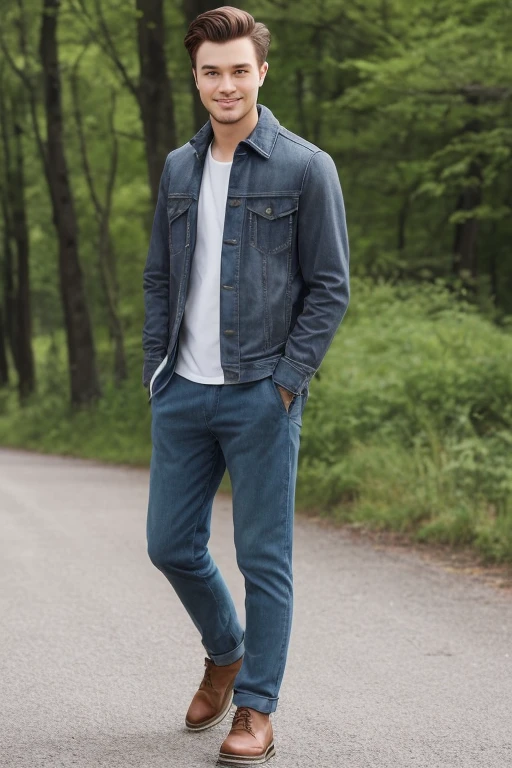 A 25-year-old who resembles Johnny Depp々Good-looking man、Feeling like a model、Chic and casual clothing、Delicate face、a handsome、Hair is brown、Brown eyes、Daytime on a sunny day、Cool standing figure、The scenery in the background is a cityscape、Live-action shooting style、High Definition 8K、Bright smile、Looks like a model、
