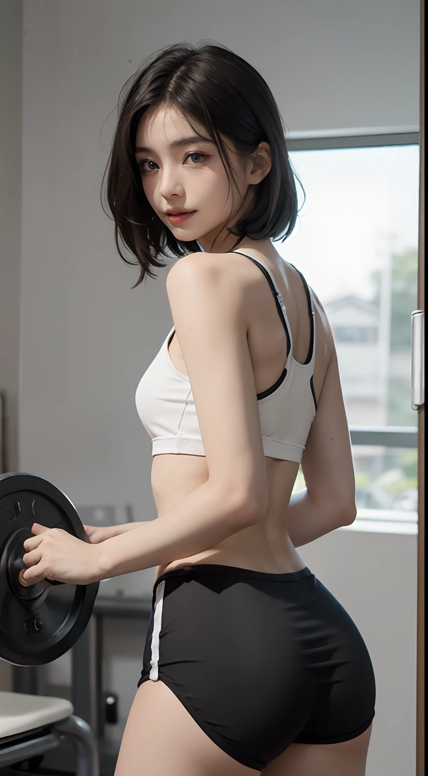 The highest image quality, Raw photo, 超A high resolution, Angle from behind、Focus on the buttocks、kindly smile, Japan 16 years old, Flat milk , tiny chest, Fair skin, shiny white skin, a short bob, A dark-haired, Properly matched bangs, Cropped T-shirt,Tank tops、Thin camisole、 sports wear, Running shorts, beautidful eyes, Beautiful eyes with random colors, very thin lips, beautiful eyes with details, elongated eyes, pale pink cheeks, long eyeslashes, Beautiful double eyelids, eyeshadows, Beautiful thin legs, Beautiful belly button, Beautiful abs, Beautiful ribs, small ass、Underwear with showing through、T-back underwear、Training room, gym、
