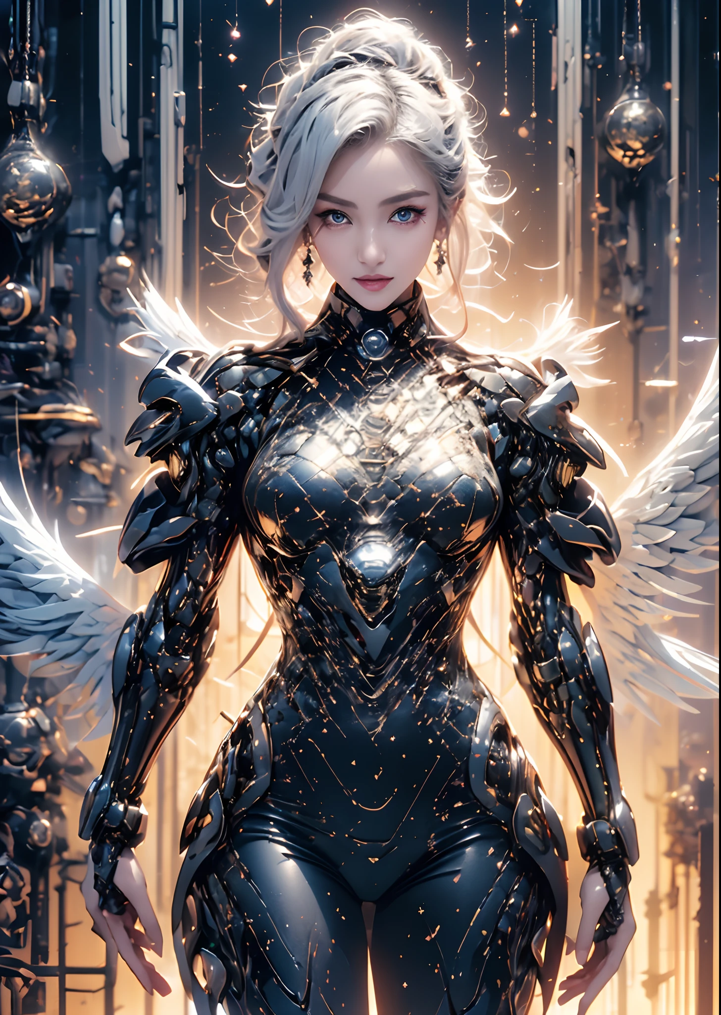 top-quality、masterpiece、超A high resolution、(Photorealsitic:1.4)、Raw photo、Battle Cyborg Angel、large wings made of metal、White porcelain body、Acrylic Clear Cover、white hair、glowy skin、1 Cyborg Girl、((super realistic details))、portlate、globalillumination、Shadow、octan render、8K、ultrasharp、character edge light,Raw skin is exposed in cleavage、Details of complex ornaments、Gothloli details、Hydraulic cylinder、Small LED lamp、highly intricate detail、Realistic light、a purple eye、radiant eyes、Facing the camera、neon details、cowboy shot、Futuristic headgear、About Cyberpunk