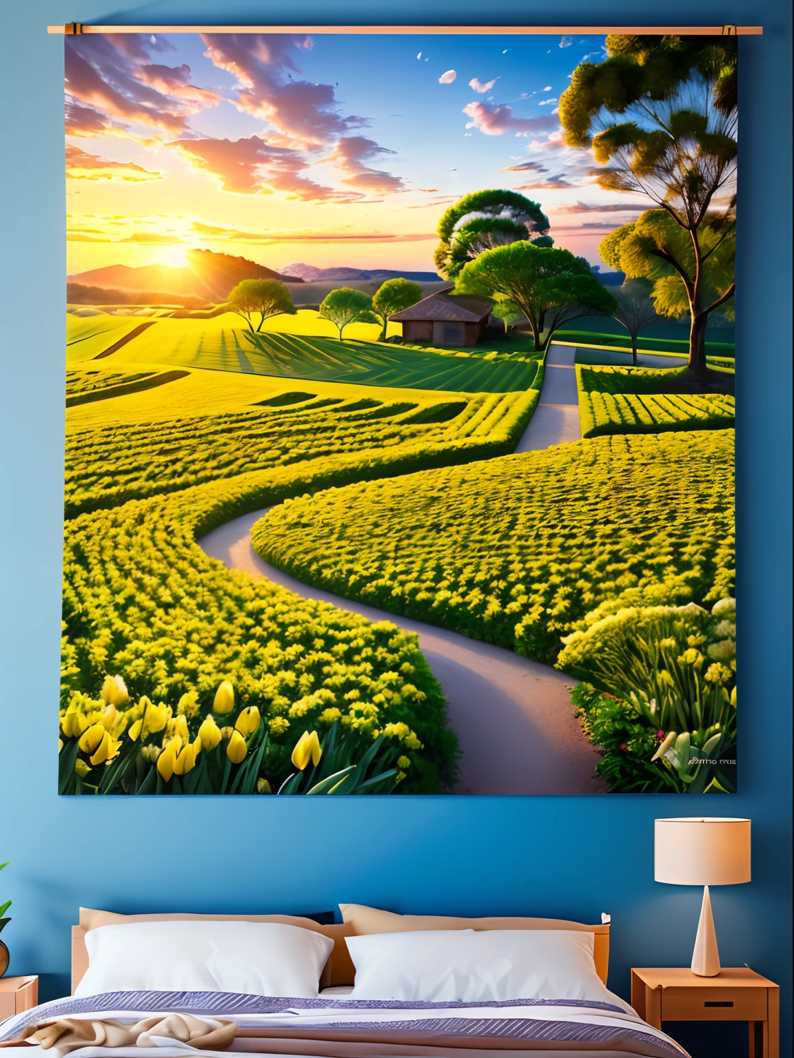 Realistic photo, master part, A spring morning at sunrise with the sweet scent of life, em um prado aberto