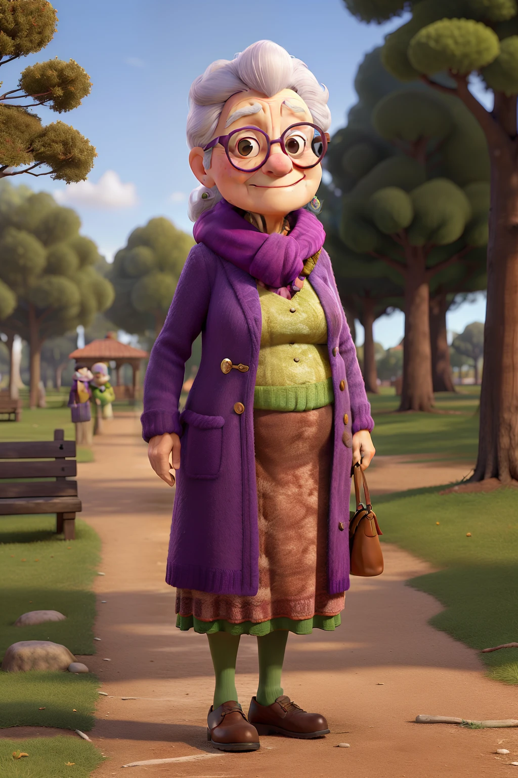 Obra-prima, de melhor qualidade, an elderly woman in glasses and a scarf, wearing a purple coat and green scarf, Standing in the park, her name is Clotilde