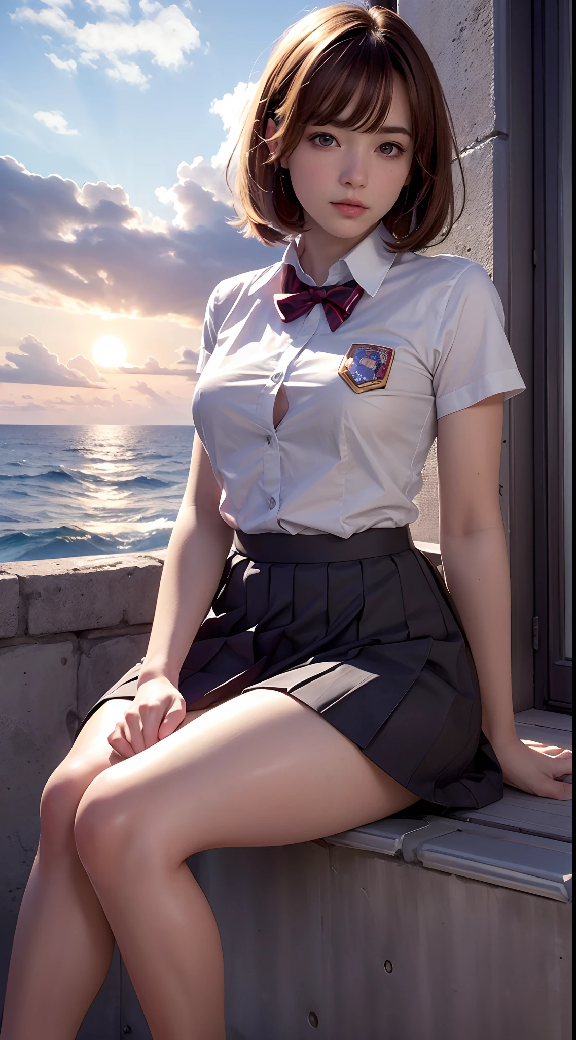 (Best quality, high resolution, Masterpiece :1.3), one pretty woman,
Against the background of orange sunset sky，Clouds and the sun sink into the sea, Sitting in a school uniform was a beautiful high school girl. Her hair is light brown, It is medium Bob style. She wore a white shirt and pleated skirt as part of her uniform. She sat with her legs apart, Her eyes were glued to the camera. Create this scene from a low-angle shot.