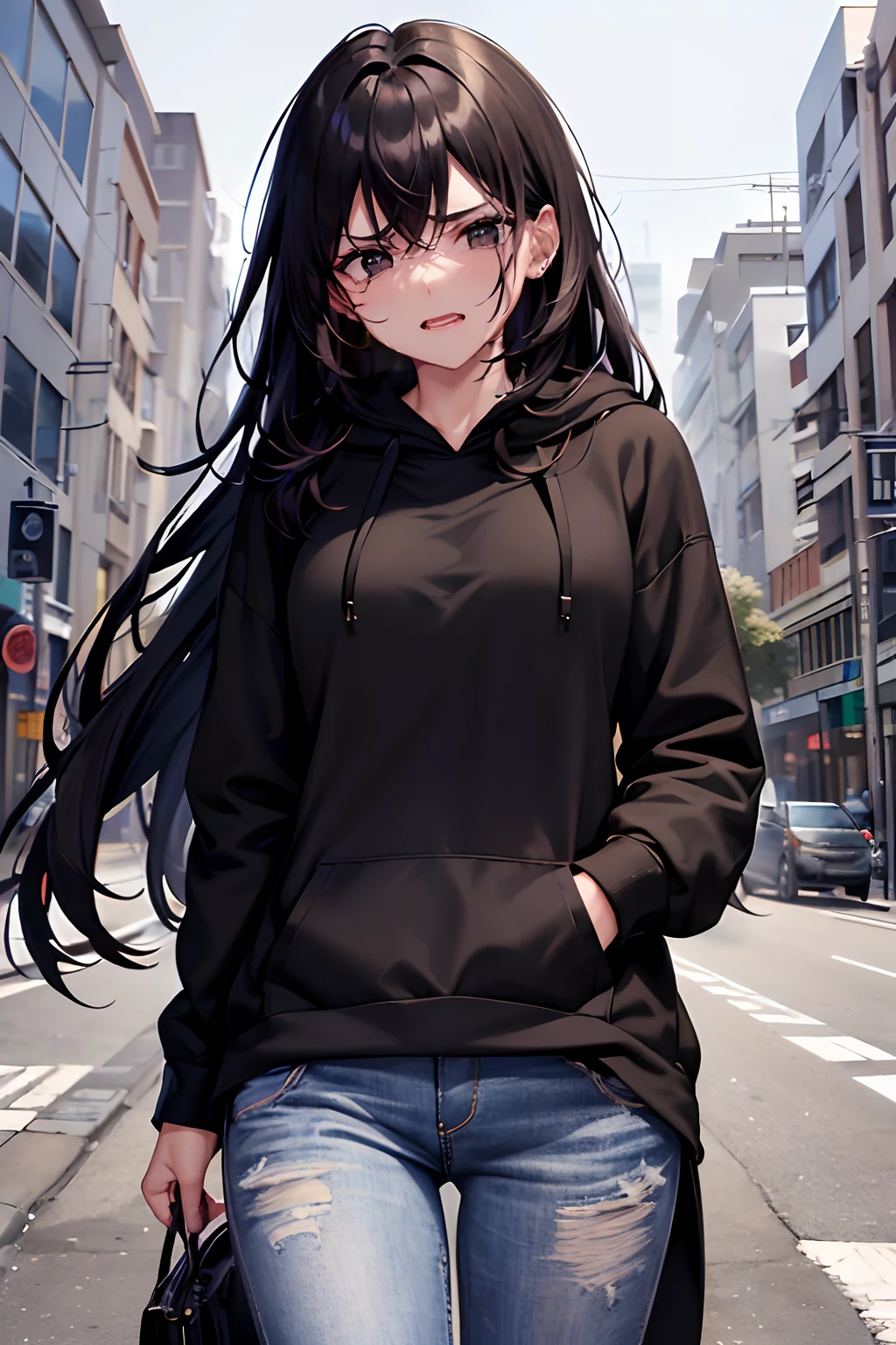 masterpiece, best quality, highres, 1girl, shaded face, standing, (black sweater), ((jeans)), black hair, pretty, devious, ((black eyes)), crossing arms, ((crying)), tears streaming down cheeks, (((wearing open white hoodie))), (long hair), (angry), looking at viewer, centered, (in view)