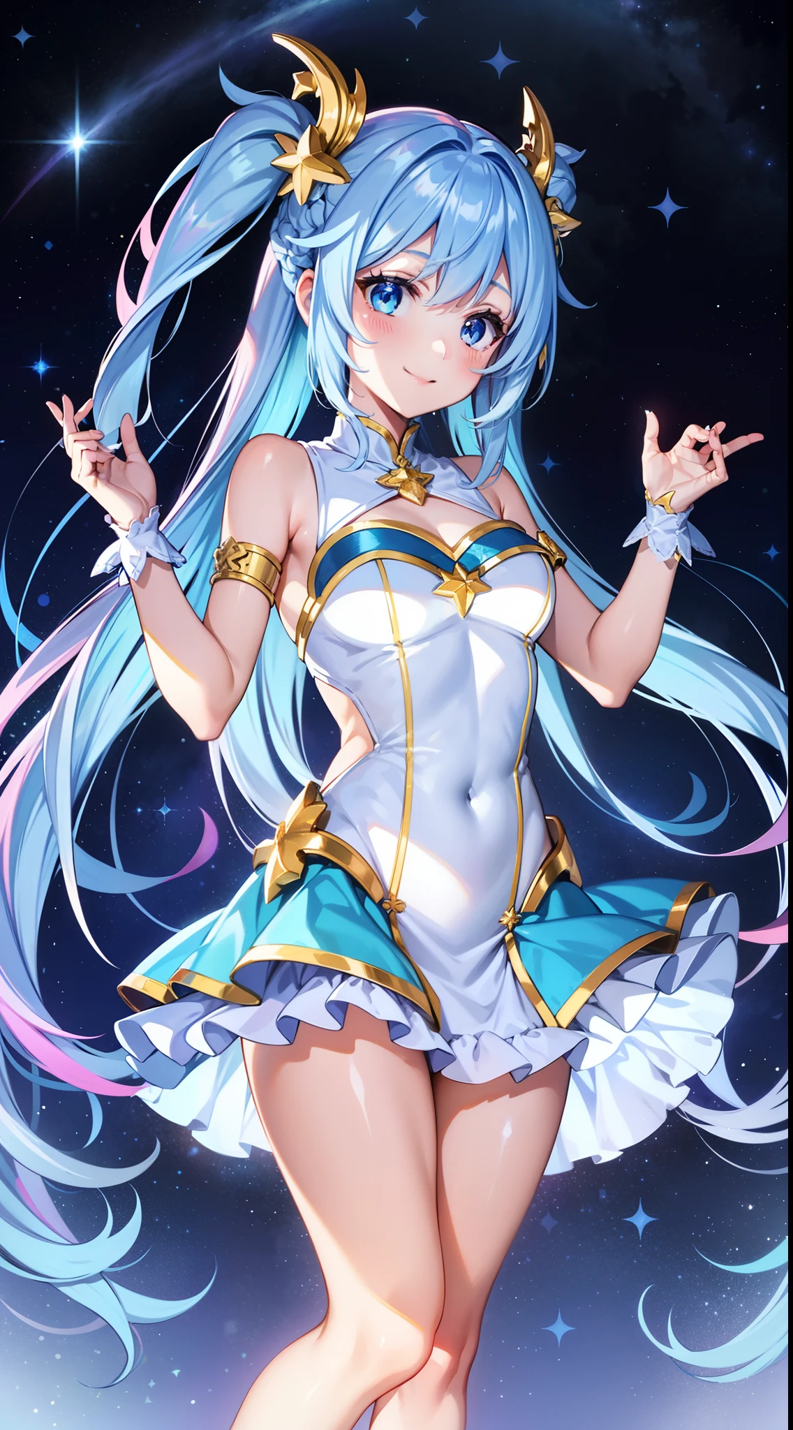 Super Idol　a beauty girl　A charming smile　sky blue hair　length hair　Bright pink and white thin outfit　Mystical　Fantasia　constellation　a moon　Crystal Brilliance　Aurora Borealis in the Night Sky