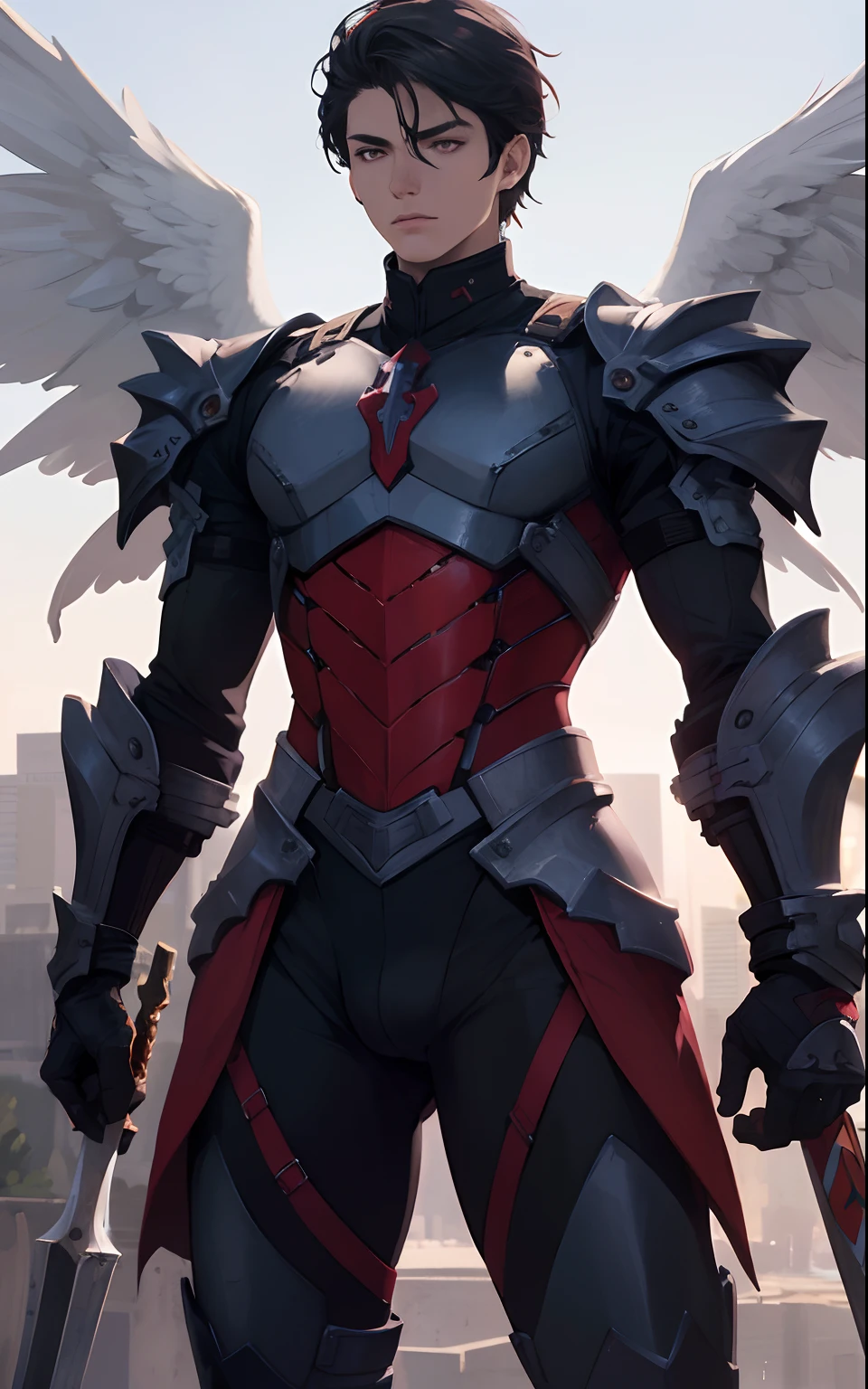 Homem jovem, guerreiro real, armadura preta com detalhes vermelhos, cabelos pretos, rosto perfeito, serious look, postura imponente, Standing character, dinamic pose, full view, segurando uma espada preta com detalhes azul, master part, melhor qualidade