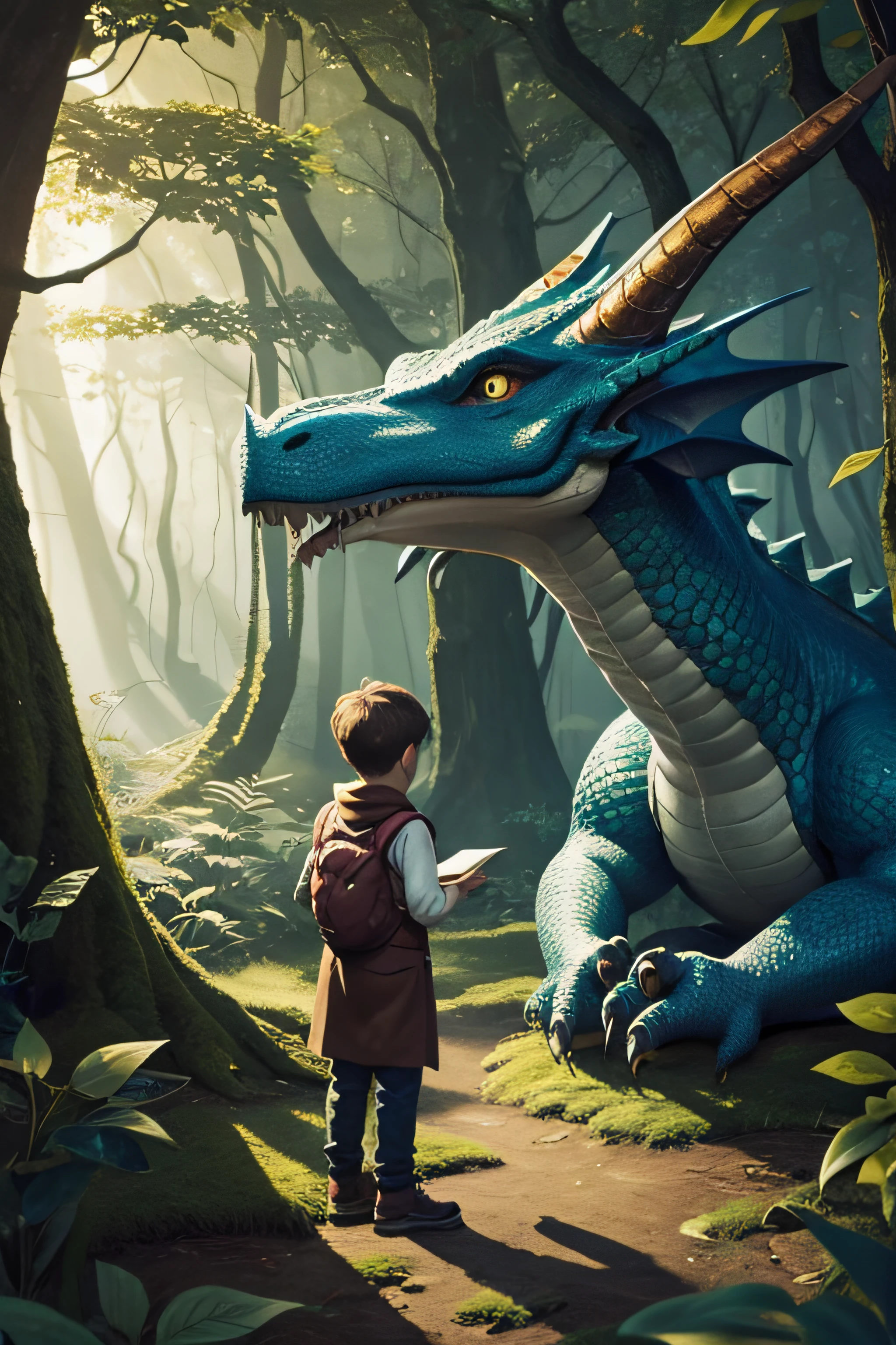 Boy with his dragon friend in a magical forest, Children's drawing illustration