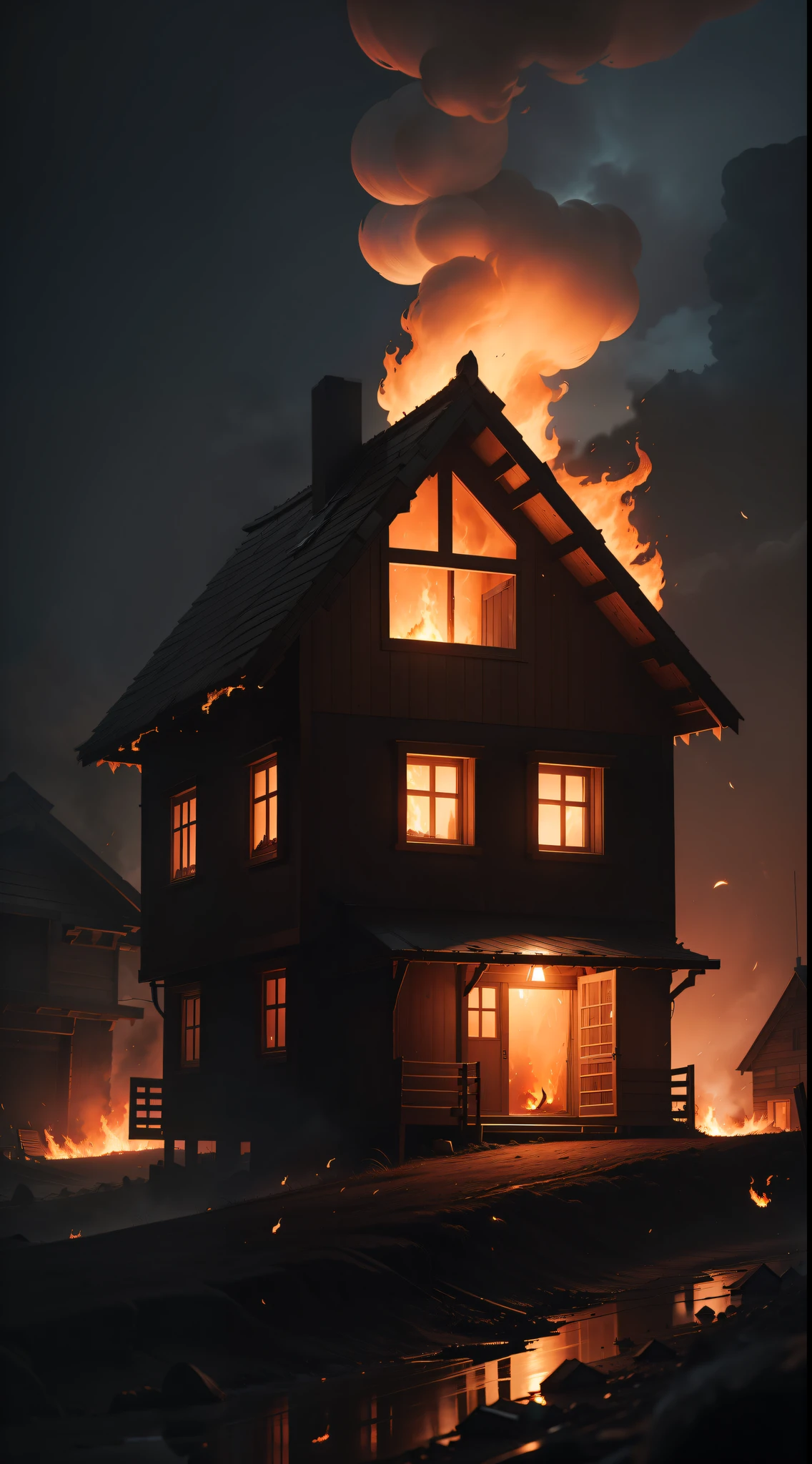 a small wooden house that is on fire, its burning, there is a lot of fire and flames, flames are coming out of the broken windows, it's night time, dark, fog, full moon,1600s