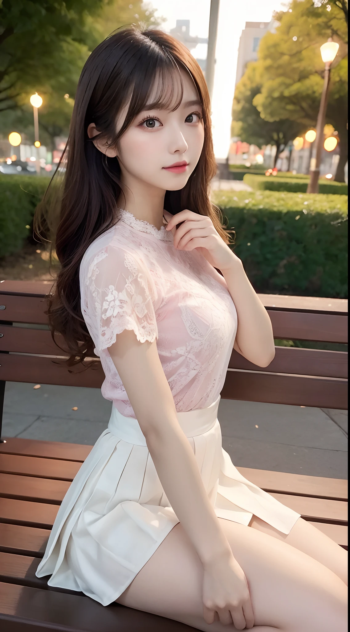 ((upper body)), Shot from a random perspective, 20-year-old Asian model, slim, Slimming the waist, Heavy makeup, Gorgeous makeup, delicated face, cabellos largos dorados, curlies, Pink lace shirt, White pleated skirt, slender leg, Cross ed leg, In the park, Sit Pose, sitting on a bench, simple backgound, warm lights, a warm color palette, Dynamic pose, posing elegantly, tmasterpiece