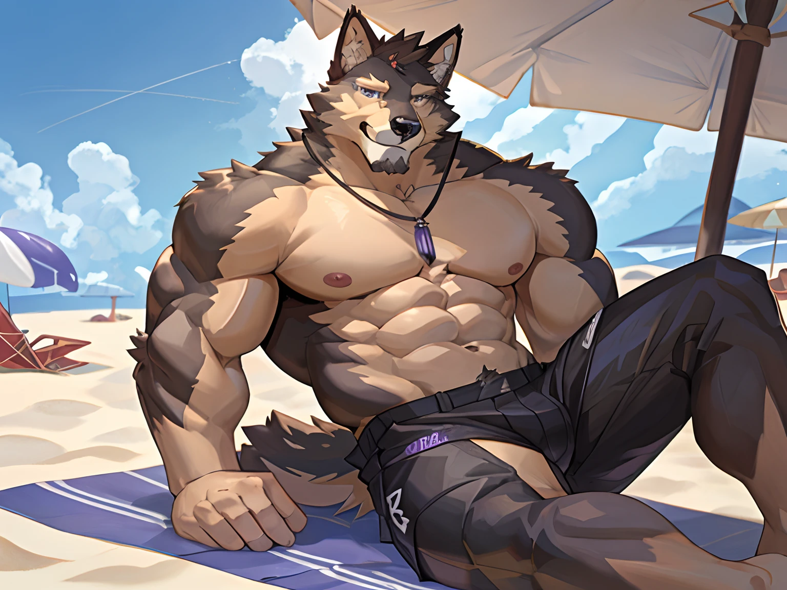 Pubraseer, Furry German shepherd dog, Brown Furs, Two Toned Colors, Purple Eyes, Muscular body, perfect eyes, handsome, good looking, Beach casual set, Smirking, cool pose, NSFW, Beach Background,