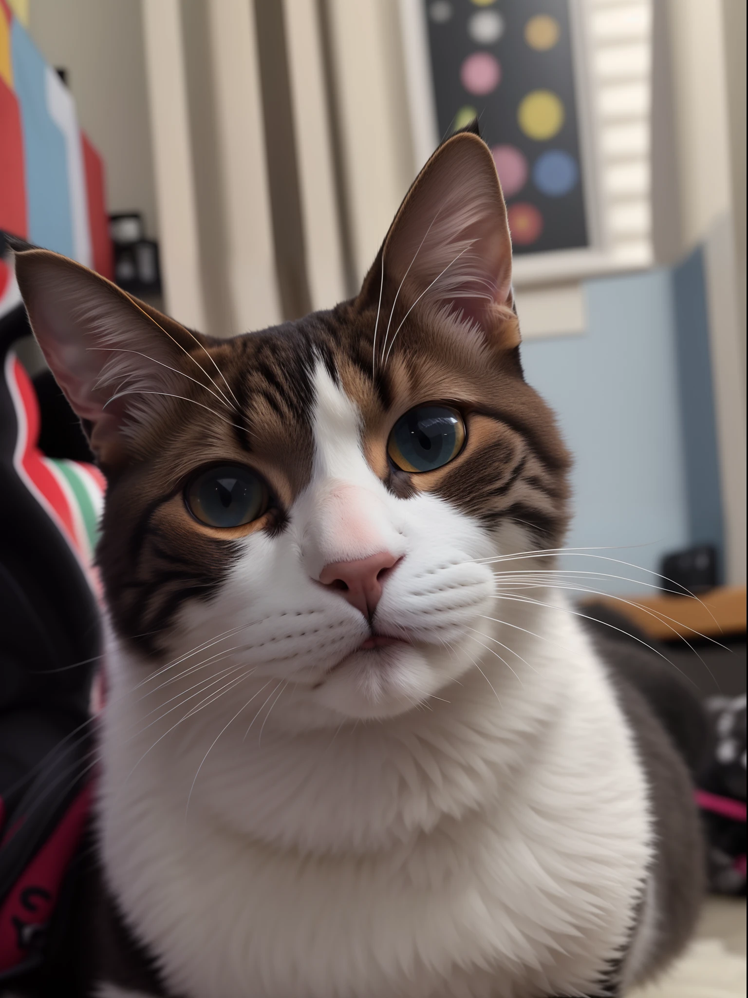 There is a cat that is sitting on a bed looking at the camera, com nariz estreito, marcas no rosto, foto do gato, Tomado com Sony Alpha 9, com nariz pequeno, Bigodes, foto de um gato, staring directly at camera, screaming at the camera, rosto muito detalhado, nariz rosa pontiagudo longo, nariz pontiagudo, is looking at the camera
