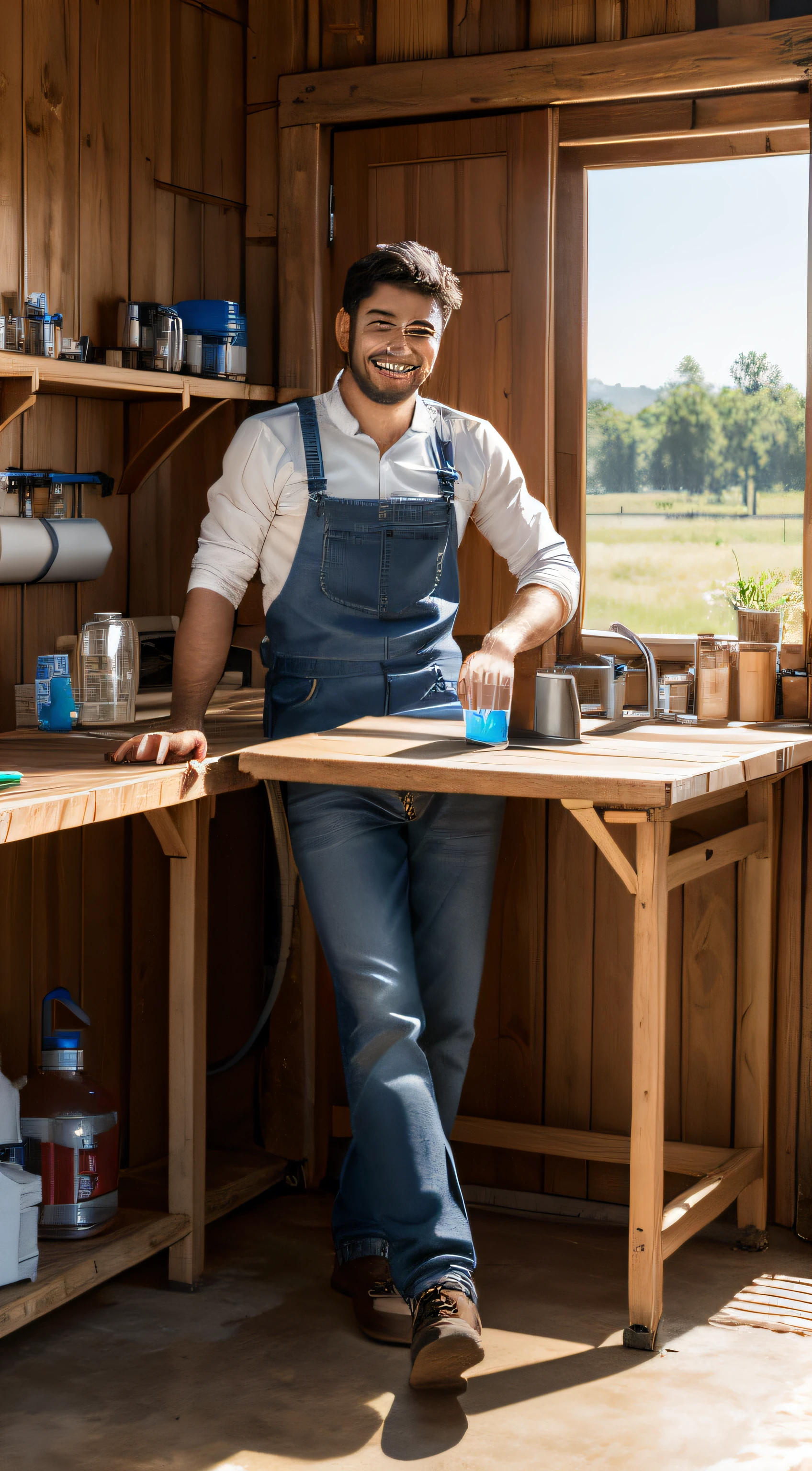 Male worker drinking water from a water dispenser in the workshop,Smile on your face,Panoramic HD 4K large picture