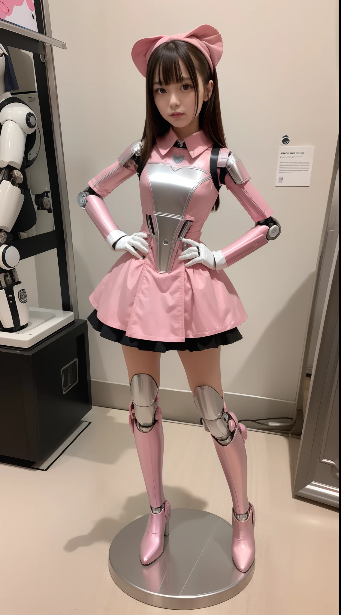 Robot Girl, pink there, Silver, Metallic body, Robot Parts, Metal Parts, Super Detailed Face, Super well-formed face, of the highest quality, a small face, a small head, Brown hair, Slender body, Camera gaze, Internal Mechanical Exposure, Idol, front facing, Well-proportioned body, sale, Exhibited, Event Hall, Moe Pose, pink metallic Lolita dress machine armor, Standing with legs open, Model body type, sad, Embarrassing,(Perfect Robot Girl),(Perfect machine body)