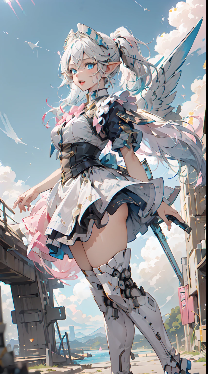 (Masterpiece, Best Quality, great, Highly detailed ajectar Unity、8k wallpaper, Depth-of-field, super fine-illustration:1.5)、3D, Extremely detailed, (Victorian maid cloth, mecha leg, mecha hand: 1.3), (1elf girl), sci-fi battlefield, hawken, Smile, Open mouth, short ponytail hair, (white blonde hair, Deep Blue Eyes:1.2), Sparkling eyes, Cute face, kawaii, Large breasts, delicate hair, disheveled hair, ((Flying high in the sky)),  (Symmetrical mechanical wing, Metallic colored mechanical wings that are widely expanded to the left and right so that they protrude greatly from the screen, headgear, white hair ornament), (Particles of light, Cinematic lighting: 1.3), (Thin pink lips: 0.8), by Yusuke Murata.