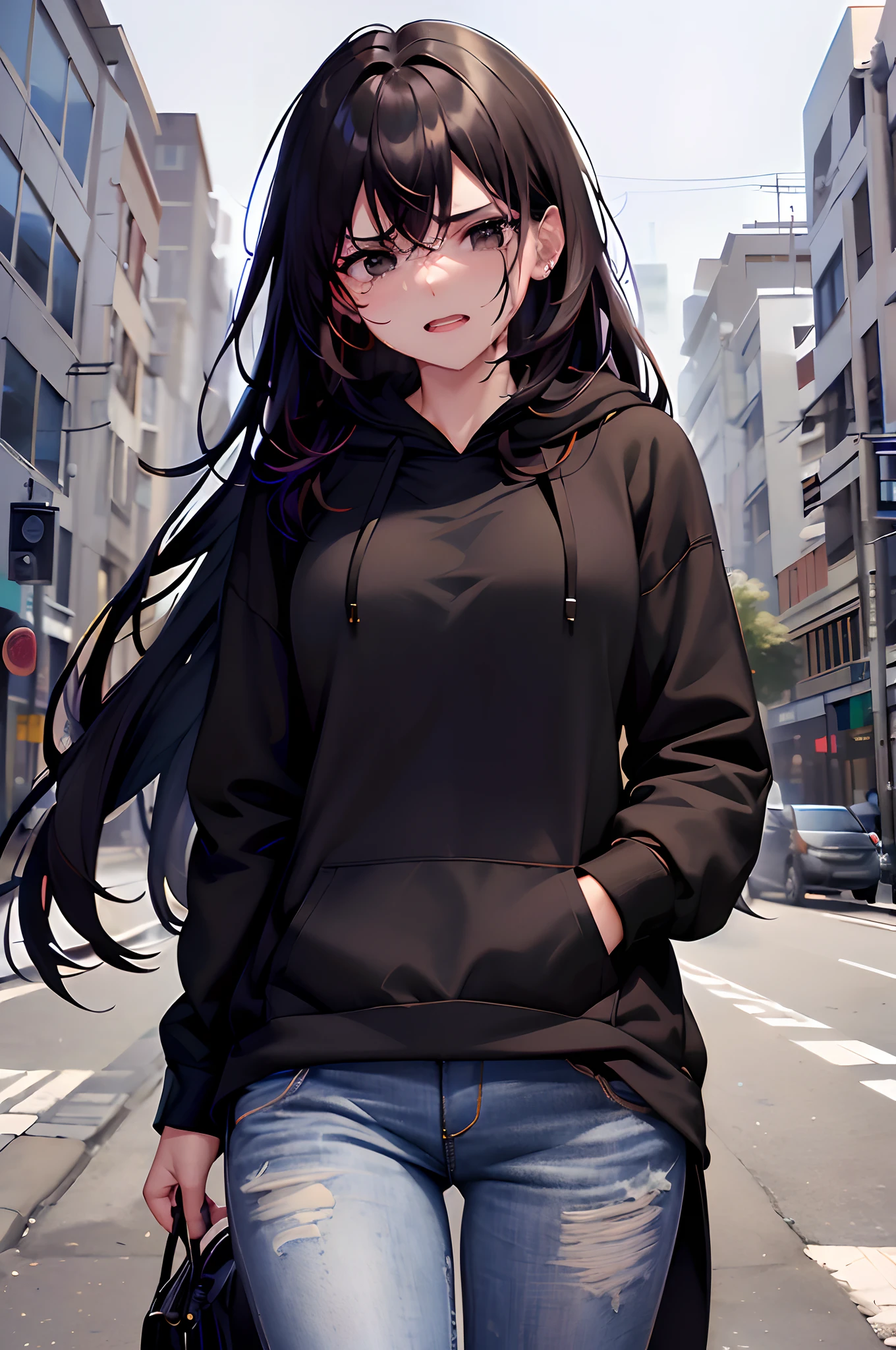 masterpiece, best quality, highres, 1girl, shaded face, standing, (black sweater), ((jeans)), black hair, pretty, devious, ((black eyes)), crossing arms, ((crying)), tears streaming down cheeks, (((wearing open white hoodie))), (long hair), (angry), looking at viewer, centered, (in view)