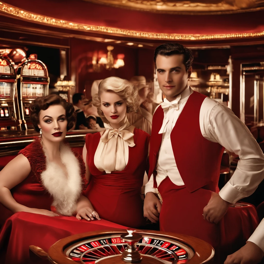 casino，Vintage photography，In 1920，posh，Western style，1 waitress，red color eyes，cabellos largos dorados，Multiple obese men，Champagne