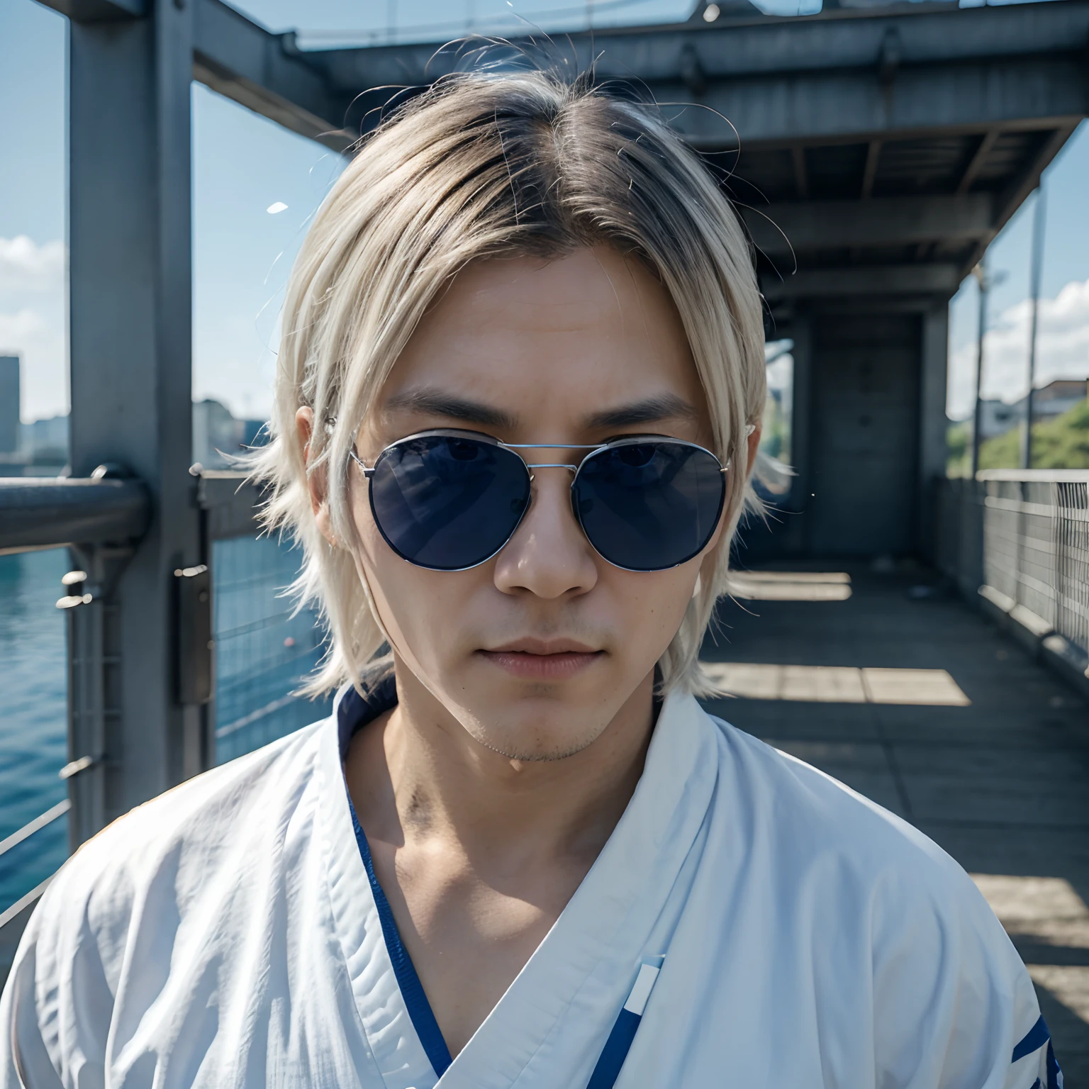 Satoru Gojo, Jujutsu Kaisen, Handsome man with white medium length hair, wearing sunglasses and blue galaxy in his eyes, Sunglasses on the bridge of his nose, revealing his deep blue eyes, looking at viewers, hyper-realistic atmospheres, details, 8k