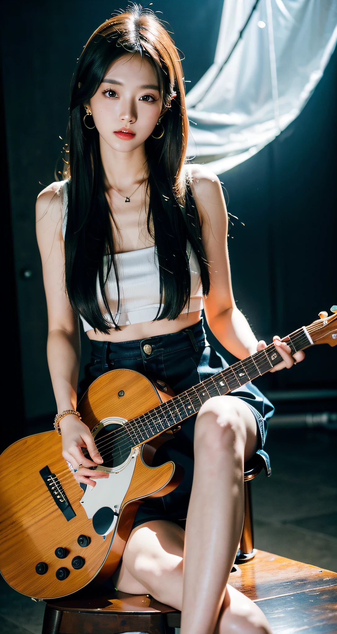 (8k, RAW photo, best quality, masterpiece:1.2),(realistic, photo-realistic:1.37),photon mapping,professional lighting,radiosity,1girl,solo,long_hair,(bracelet:1.1),(long legs:1.2),(earrings:1.1),physically-based rendering,proscenium,performance,be seated,unconventional guitar,ulzzang,