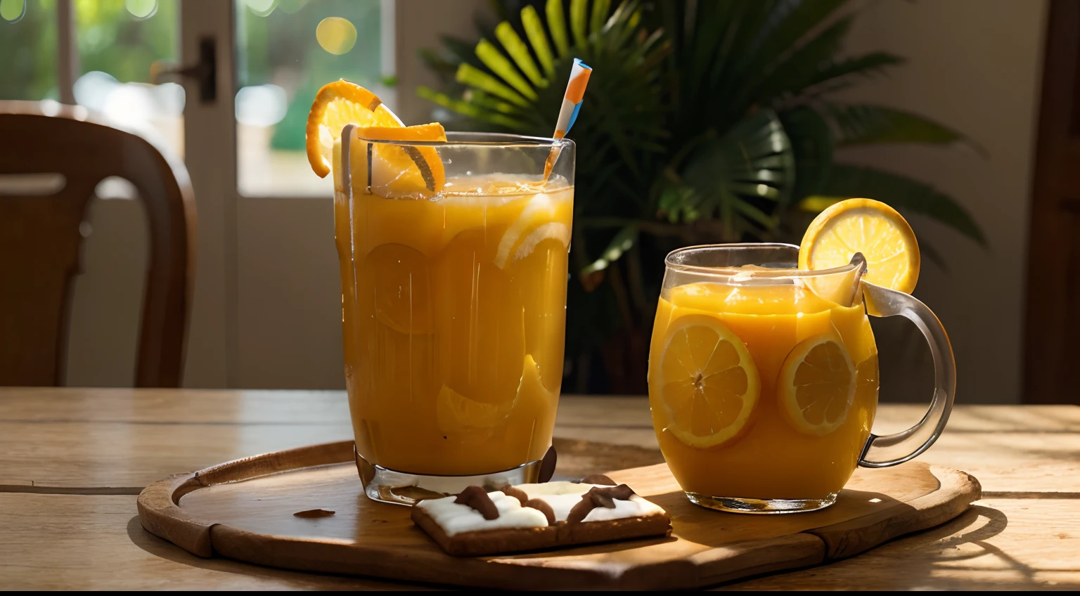 a hyper realistic photography of a glass of orange juice and cookies, no people, Nikon D850 DSLR 4k camera, 100mm lens, F 1.2 aperture setting, bright and natural lighting, vibrant, fun and relaxing atmosphere