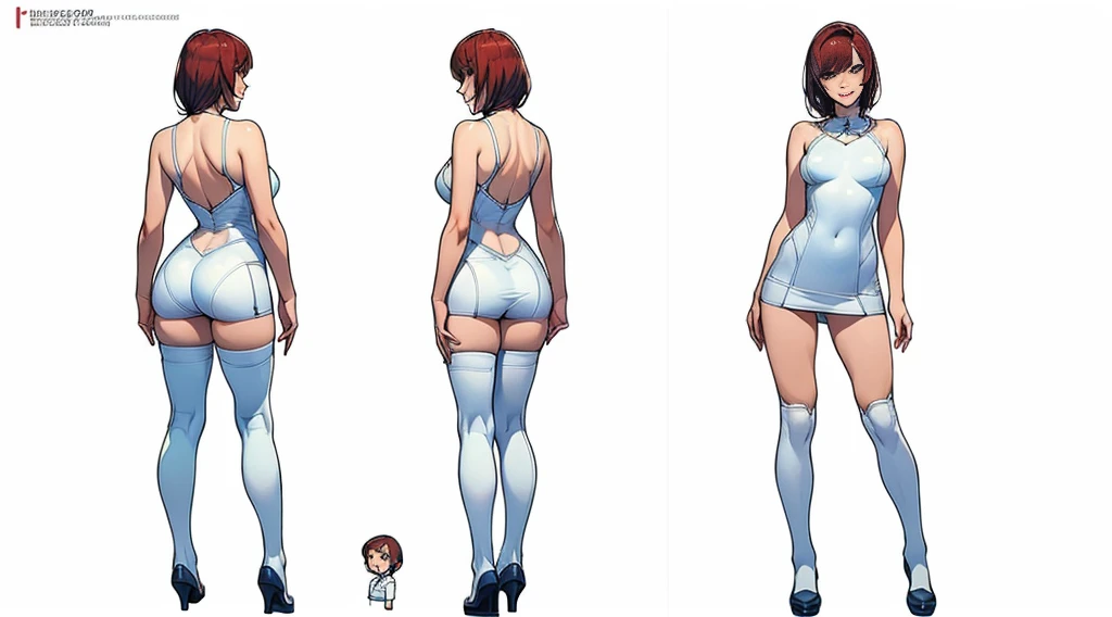 ((Best Quality)), ((Masterpiece)), ((Realistic)) 19 year old, redhead girl, shoulder length hair, relaxed happy face ((slender)) (busty), ((( white unitard ))) (( mini skirt )) ((sexy )) textured pixie haircut (((detailed character sheet, full body  frontal view, side view, three quarter view))) (((white background))) 6 and a half heads full body 4k