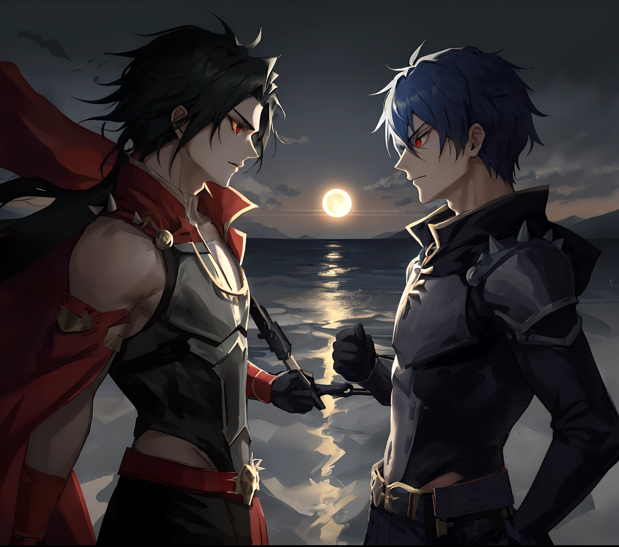 Make a badass hero outfit that combines the elements of the sun and the moon, with A hot anime guy that has Red eyes, and black Spiky hair