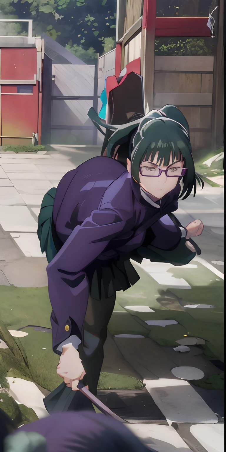 zenin_maki, ponytail, glasses, bangs, green hair, brown eyes, jujutsu_uniform,purple jacket, obra maestra, cuerpo perfecto, anatomia perfecta, manos detalladas, ojos detallados, pelo detallado, falda negra, iluminacion nocturna, Obra maestra, La mejor calidad, Altas Resoluciones,