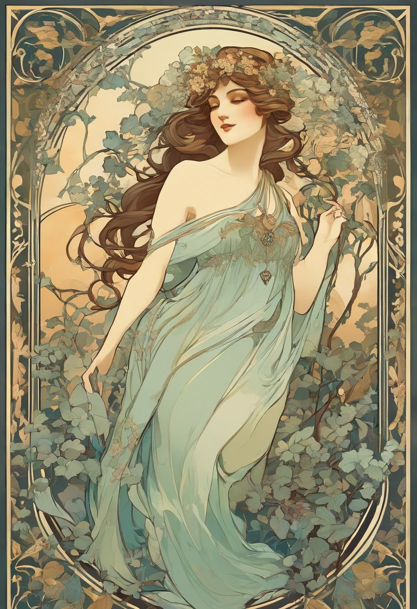8K.Poster illustration in Alphonse Mucha style, Flat painting, beautiful nordic woman、,Full body like,slenderbody, Art Nouveau, Plants in the background,C cup breasts、 masutepiece, Alfonse Mucha,Blue clematis、 high details