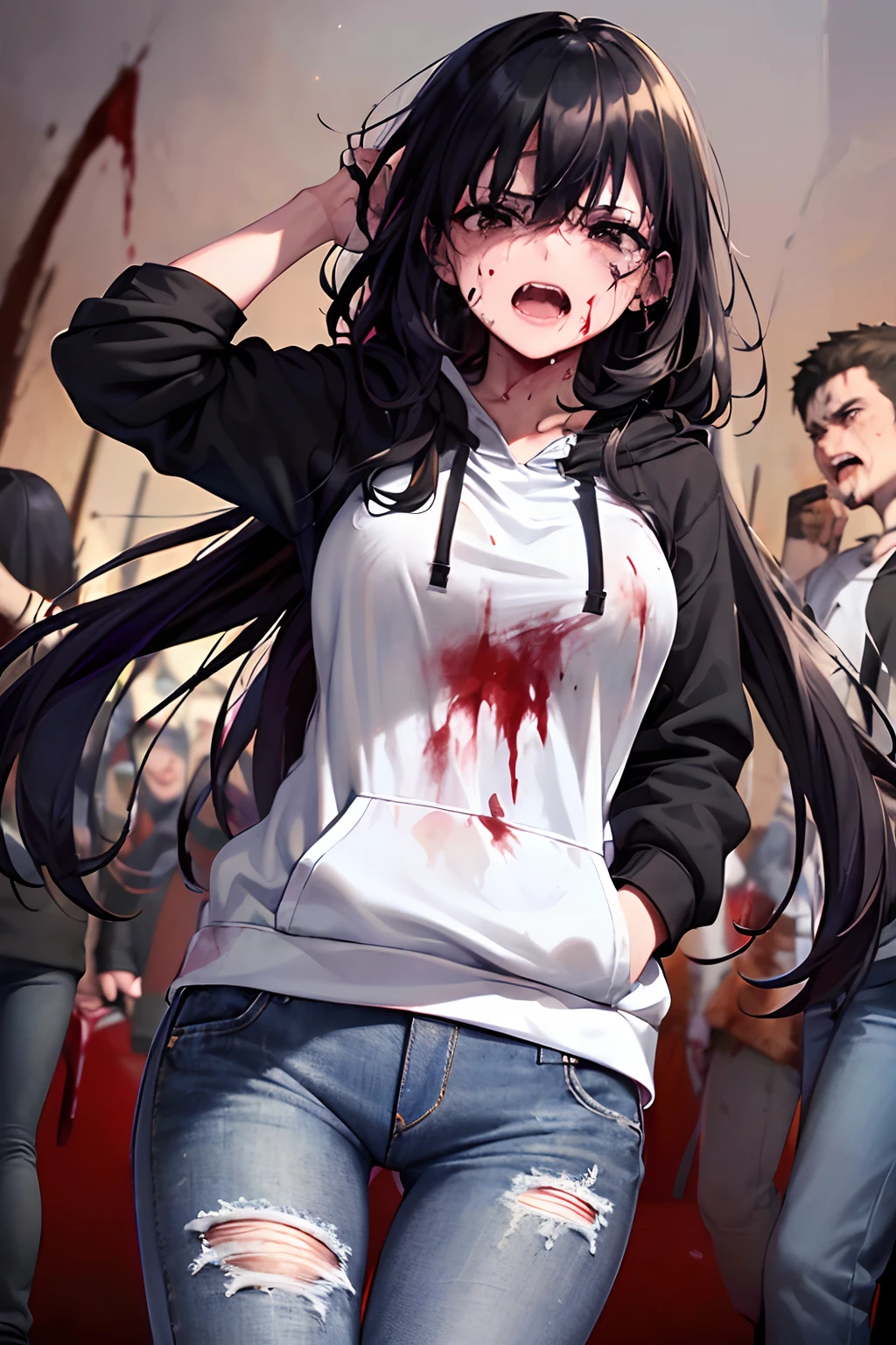 masterpiece, best quality, highres, 1girl, shaded face, standing, ((jeans)), black hair, pretty, devious, ((black eyes)), crossing arms, ((crying)), tears streaming down cheeks, (((wearing open white hoodie with blood splatters on it, blood spatters))), (long hair), (angry), looking at viewer, centered, (in view)