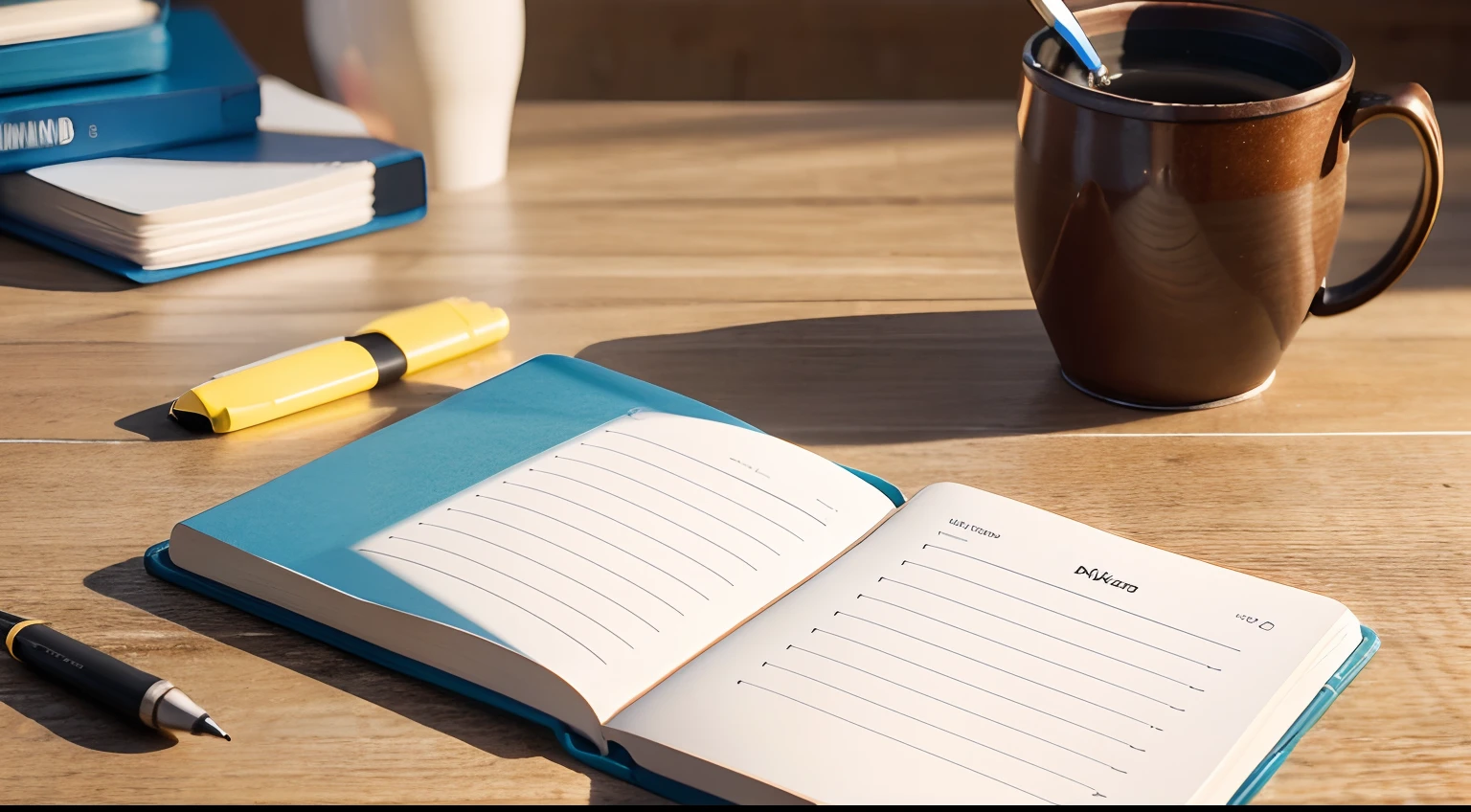 a hyper realistic photography of a notepad and a pen, no people, Nikon D850 DSLR 4k camera, 100mm lens, F 1.2 aperture setting, bright and natural lighting, vibrant, fun and relaxing atmosphere