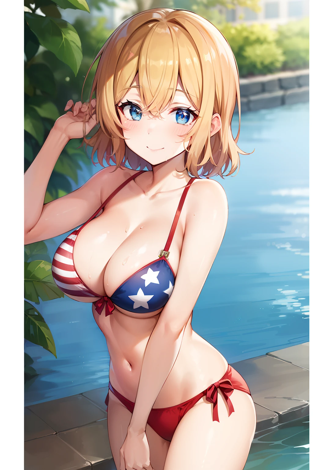 Mami Nanami, wet, smile, blushing, Large breasts, bra, panties, anime girl in bikini with american flag on her chest, rin, patriotic!, [32k hd]^10, bathing suit, swimsuit, kyoani, ilya kuvshinov. 4 k, 4th of july, macross delta splash art, shirobako, official art, marisa kirisame, stars and stripes, big!!!!!!!!!!!!, portrait shot, upper body shot, face focus, closeup shot, only upper body till thigh shot, BREAK indoors, office, BREAK looking at viewer, BREAK (masterpiece:1.2), best quality, high resolution, unity 8k wallpaper, (illustration:0.8), (beautiful detailed eyes:1.6), extremely detailed face, perfect lighting, extremely detailed CG, (perfect hands, perfect anatomy), drunken face, drunken expression, drunken eyes, Drunken pose.