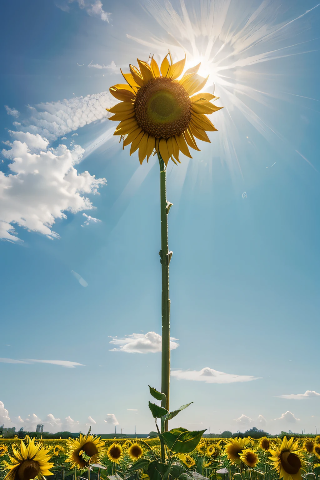 a radiant yellow sunflower takes center stage, surrounded by white flowers in full bloom, creating a simple yet striking aesthetic. The sunflower's tall and elegant presence stands out against the clear blue skies, forming an amazing yet minimalistic art piece. It exudes the serene beauty of sunflowers amidst a cosmos of white petals, offering a captivating and harmonious blend of nature's charm and artistic elegance.