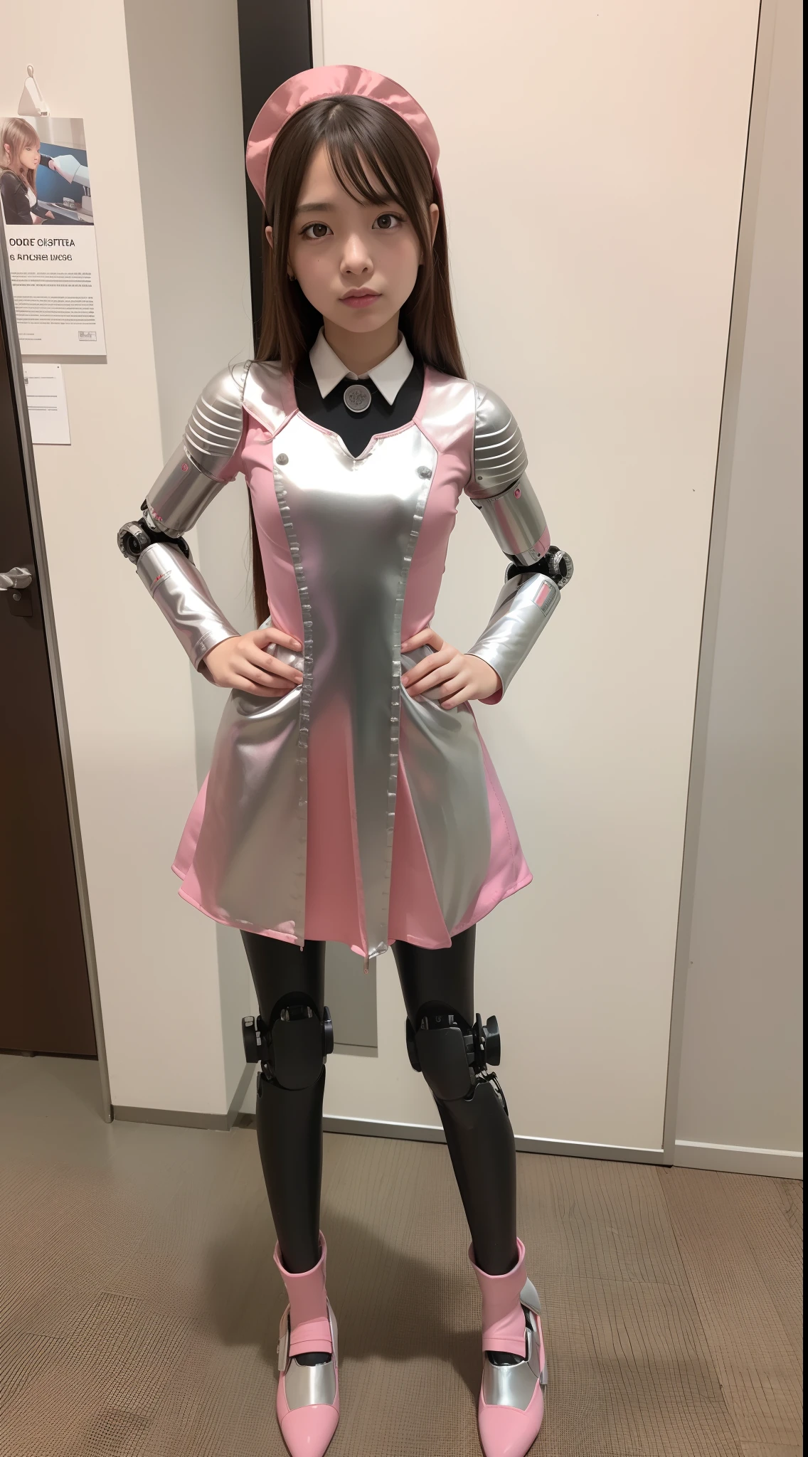 Robot Girl, pink there, Silver, Metallic body, Robot Parts, Metal Parts, Super Detailed Face, Super well-formed face, of the highest quality, a small face, small head, Brown hair, Slender body, Camera gaze, Internal Mechanical Exposure, Idol, front facing, Well-proportioned body, sale, exhibition, Event Hall, Moe Pose, pink metallic maid Dress Machine Armor, Standing with legs open, Hands on hips, Model body type, sad, Embarrassing,(Perfect Robot Girl),(Perfect machine body)