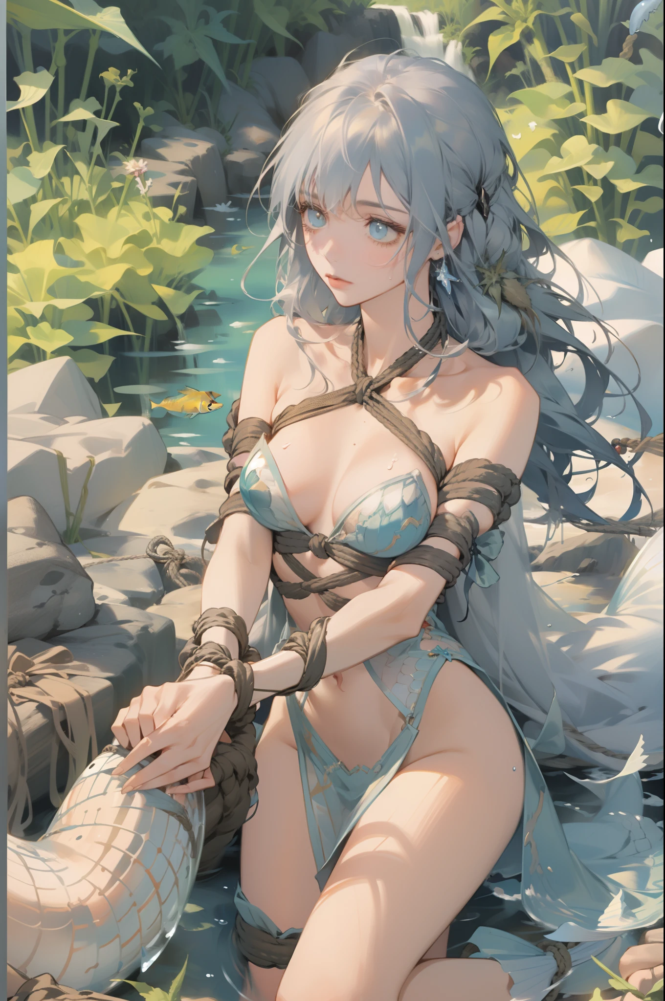 1 girl, adult, beautiful, long silver hair, small breasts, fear, water, mermaid, transparent fish scales, ((hands tied, Rope Bondage , Hemp rope)), transparent fish scales, fish fins, river, mystical