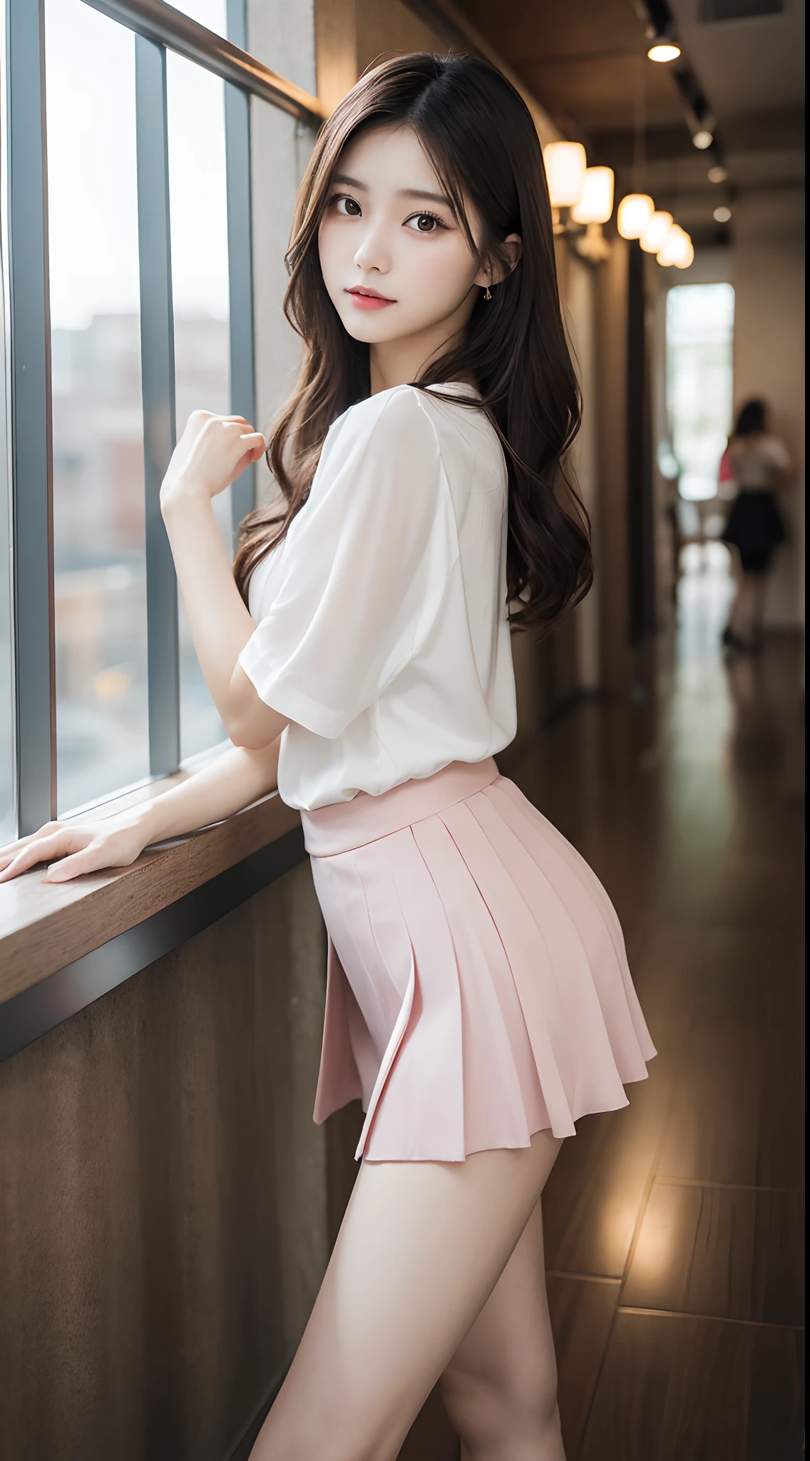 ((knee shot)), Shot from a random perspective, 20-year-old Asian model, slim, Slimming the waist, Heavy makeup, Gorgeous makeup, delicated face, cabellos largos dorados, curlies, Pink lace shirt, White pleated skirt, slender leg, Cross ed leg, In the hallway, leaning against the railing, warm lights, a warm color palette, Dynamic pose, posing elegantly, tmasterpiece