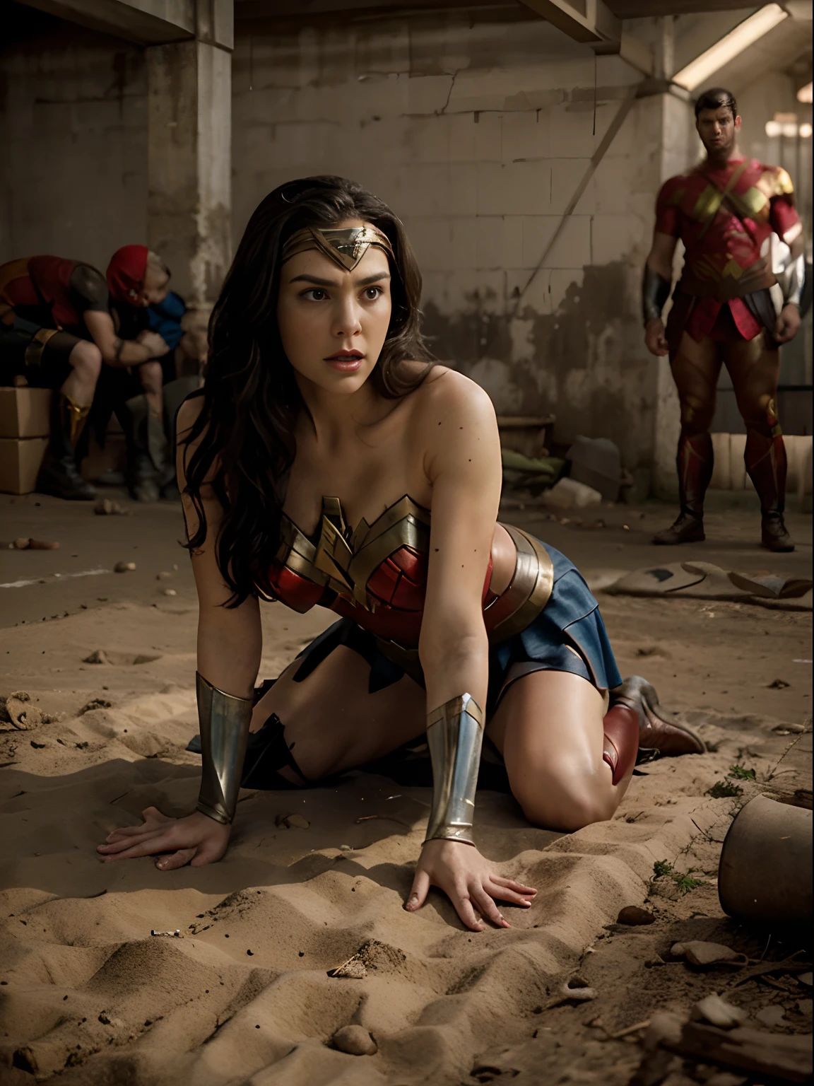 Wonder Woman (lay on ground), handcuff, spread leg, tied by thugs, (crowded), (mans in background try to tied her:1.2), tied, bound, (Wonder Woman with skirt:1.3), (Restrained:1.5), BDSM, (two man tied her up:1.2), (bird view angle) , (dress up) , unnaked, (ropes all over body), (eyes up), (painful), head down, (terrify:1.1), (angry eyebrow)