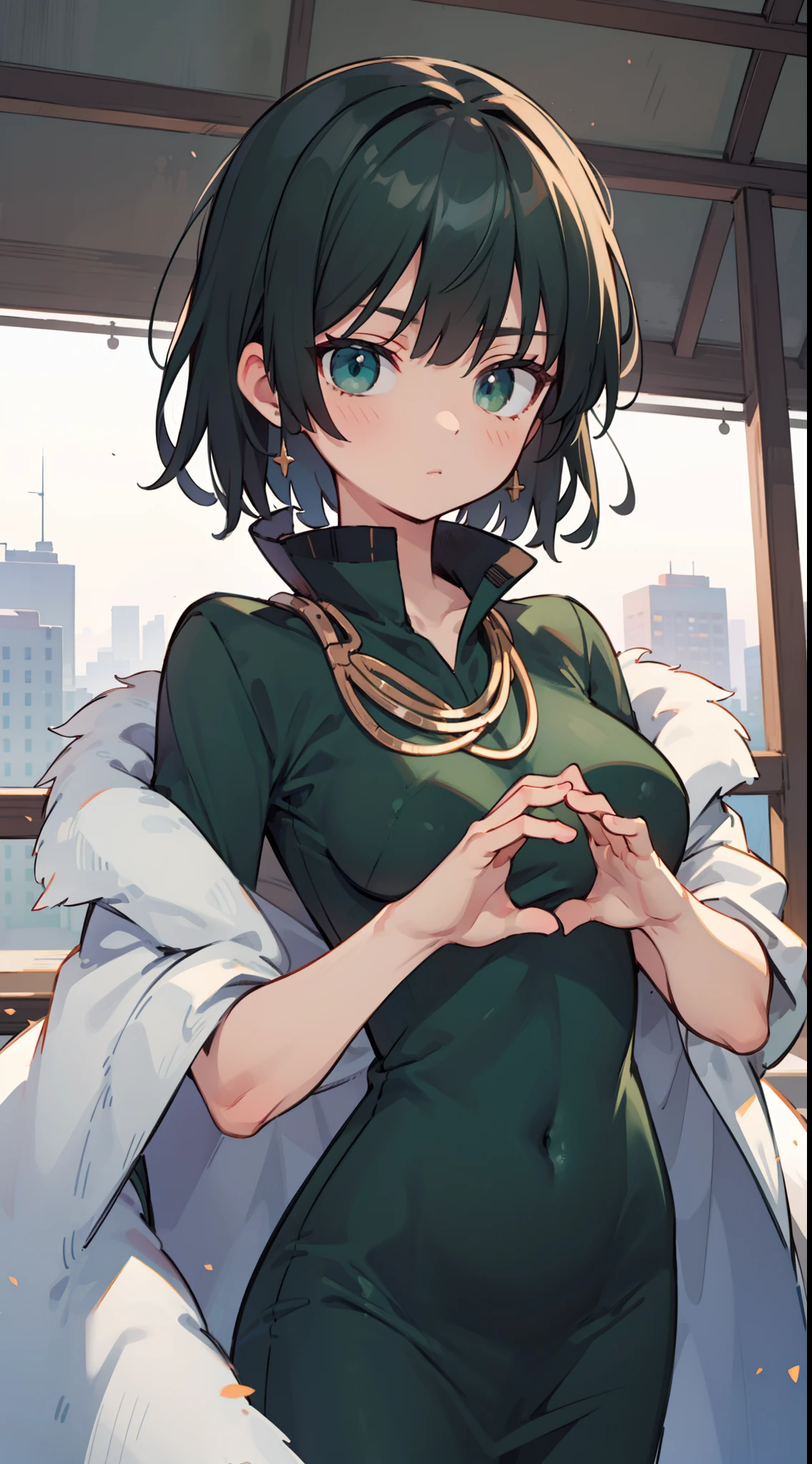 fubuki, fubuki, Black hair, (Green eyes:1.2), （Off-the-shoulder attire:1.5)Short hair,Large breasts，（cleavage:1.2)，
BREAK black dress, dress, Fur coat, High collar, jewelry, necklace, cropped shoulders, tight fit clothes, tightly dress,,
BREAK outdoors, City,
BREAK looking at viewer, Break (Masterpiece:1.2), Best quality, high resolution, Unity 8k wallpaper, (illustration:0.8), (Beautiful detailed eyes:1.6), Extremely detailed face, Perfect lighting, Extremely detailed CG, (Perfect hands, Perfect anatomy),